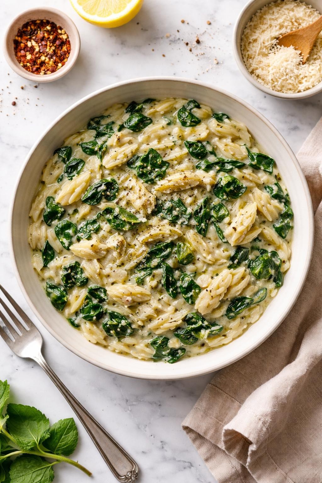 Image Prompt: Realistic top-down editorial food photography of a bowl of spinach artichoke vegan orzo on a white marble countertop, creamy orzo mixed with spinach, chopped artichoke hearts, garlic, and black pepper in a shallow bowl, cozy homemade comfort food styling, bright natural daylight, soft shadows, clean editorial composition, high detail, realistic texture, no people, no hands, no text, no watermarks, no props with writing.