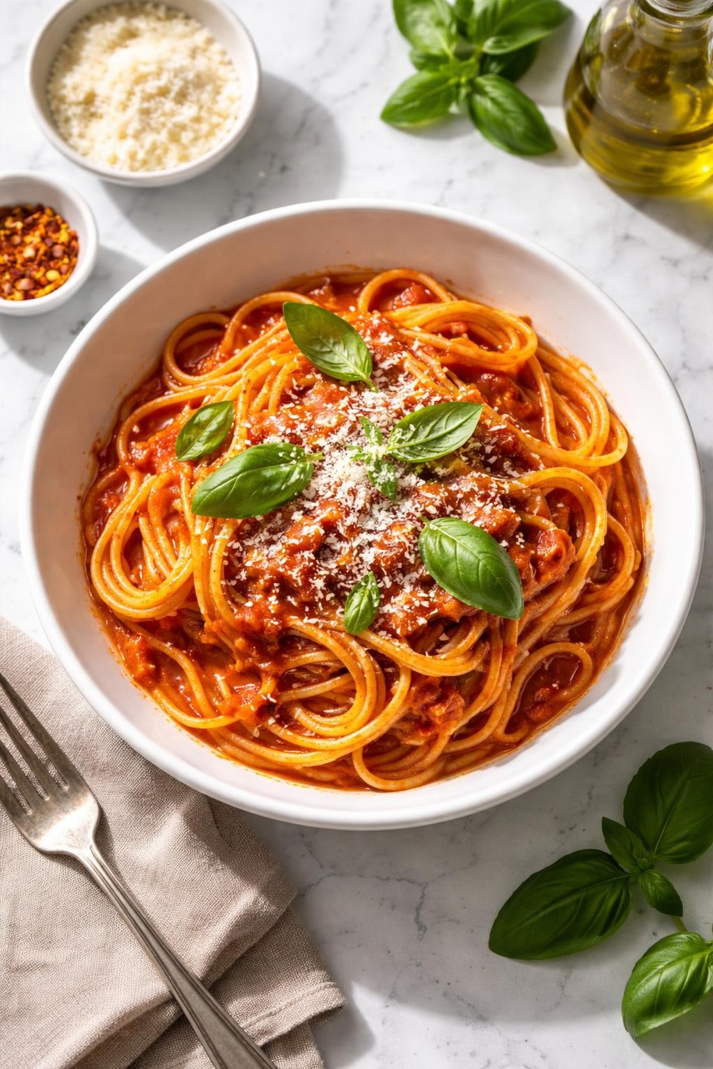 Image Prompt: Realistic top-down editorial food photography of spaghetti marinara in a white bowl on a white marble countertop, spaghetti coated in bright red marinara sauce with basil and grated parmesan, simple classic Italian presentation, bright natural daylight, soft shadows, clean homemade dinner styling, high detail, realistic food texture, no people, no hands, no text, no watermarks, no props with writing.
