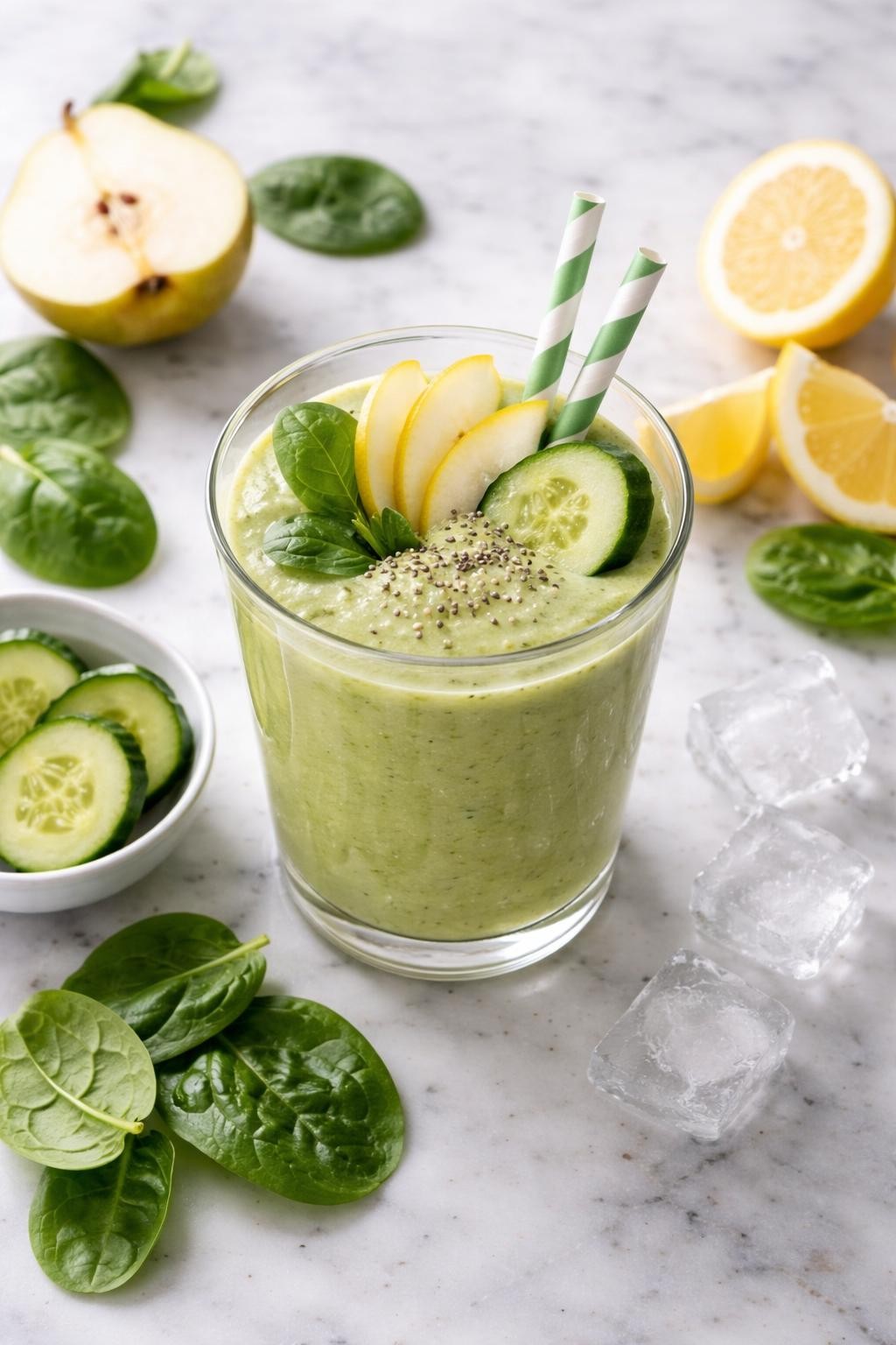 Realistic top-down editorial food photography of a cucumber pear smoothie served in a clear glass on a light marble countertop. The smoothie is pale green, smooth, creamy, and fresh-looking, styled with pear slices, cucumber slices, spinach leaves, lemon wedges, and a few ice cubes nearby. Soft natural window lighting, clean fresh fruit smoothie styling, high detail, realistic texture, no people, no hands, no text, no watermarks, no props with writing.
