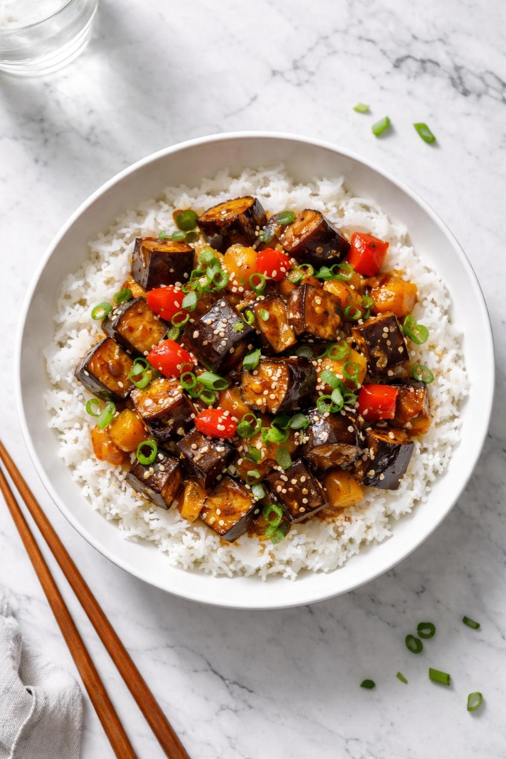 Image Prompt: Realistic top-down editorial food photography of a vegan eggplant stir-fry in a white bowl on a clean marble countertop, glossy tender eggplant cubes stir-fried with bell peppers, onions, garlic, soy sauce, and green onions, served over steamed rice, bright natural light, soft shadows, clean composition, high detail, realistic food texture, no people, no hands, no text, no watermarks, no props with writing.