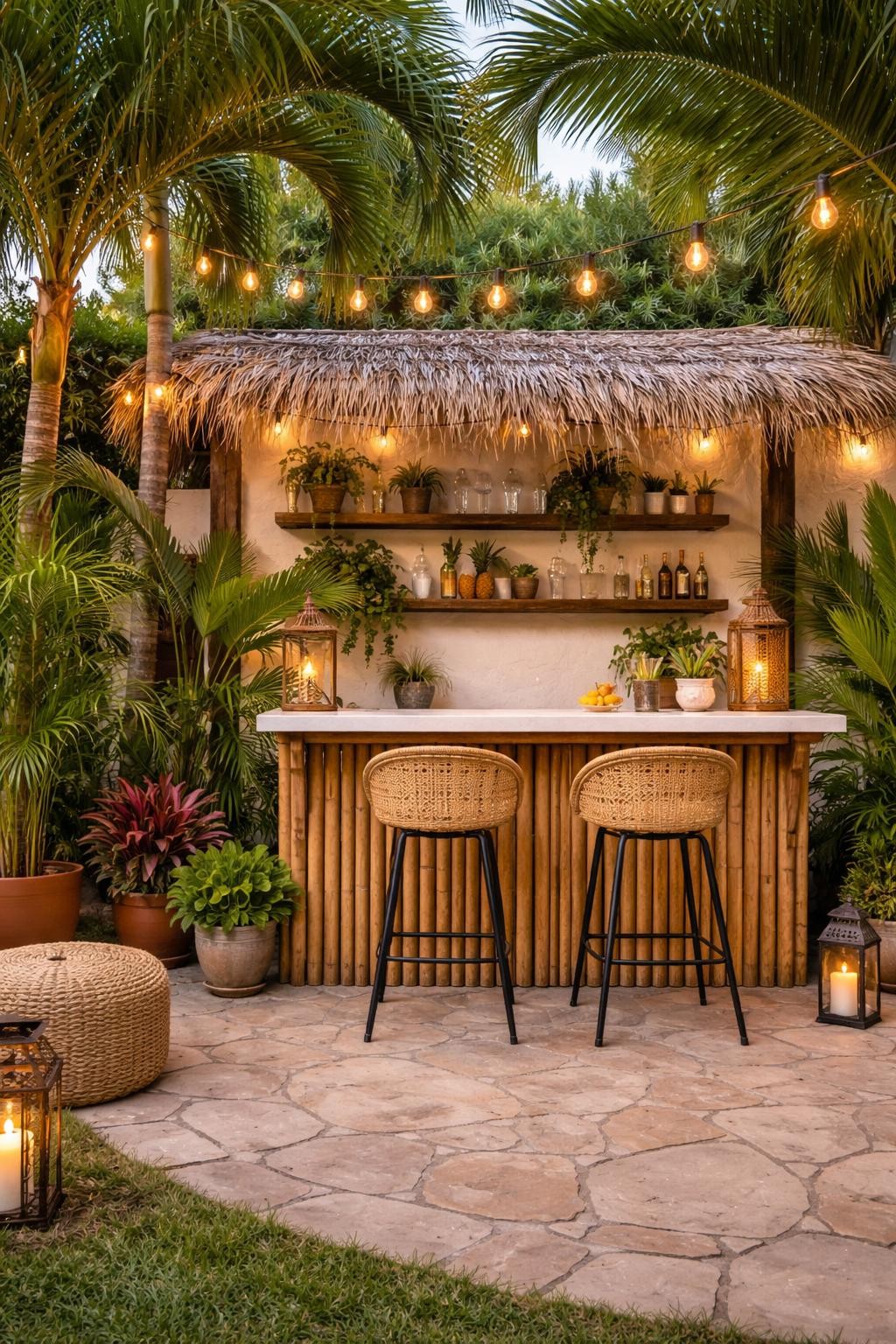 Image Prompt: A tropical backyard patio with a small outdoor bar, bamboo-front counter, two rattan bar stools, potted palms, string lights, wooden shelves with plants and glassware, stone patio floor, fun but stylish entertaining corner, no people, realistic DSLR photo, no text, no watermarks on images.