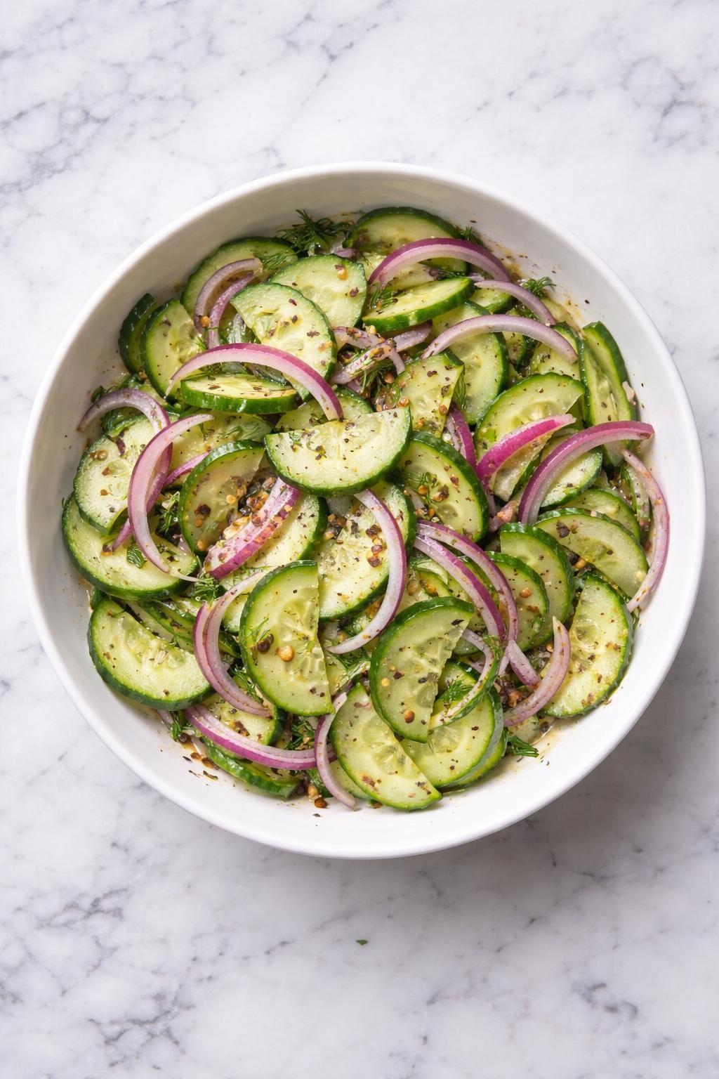 Image Prompt: Realistic top-down editorial food photography of cucumber onion salad in a shallow white bowl on a clean marble countertop, thin cucumber and red onion slices tossed in a glossy tangy dressing with herbs and pepper, crisp fresh texture visible, bright natural daylight, no people, no hands, no text, no watermarks, no props with writing.