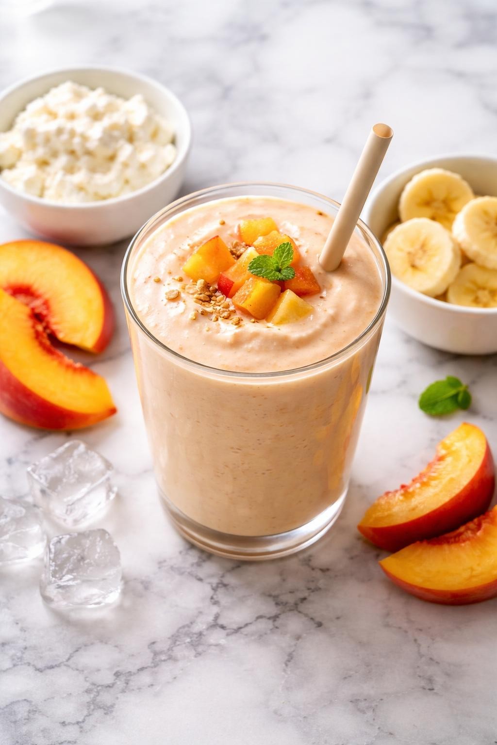 Realistic top-down editorial food photography of a peach cottage cheese smoothie served in a clear glass on a clean white and gray marble countertop. The smoothie is pale peach, thick, creamy, and smooth, styled with peach slices, cottage cheese in a small plain bowl, banana rounds, and a few ice cubes nearby. Soft natural daylight, clean summer breakfast smoothie styling, realistic creamy texture, high detail, no people, no hands, no text, no watermarks, no props with writing.