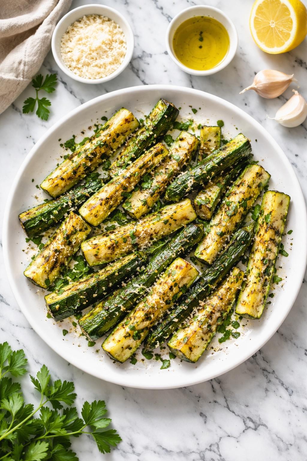 Image Prompt: Realistic top-down editorial food photography of Italian roasted zucchini on a white marble countertop, roasted zucchini spears with olive oil, Italian herbs, garlic, and parmesan, lightly golden edges and fresh parsley on top, bright natural daylight, cozy homemade side dish mood, no people, no hands, no text, no watermarks, no props with writing.