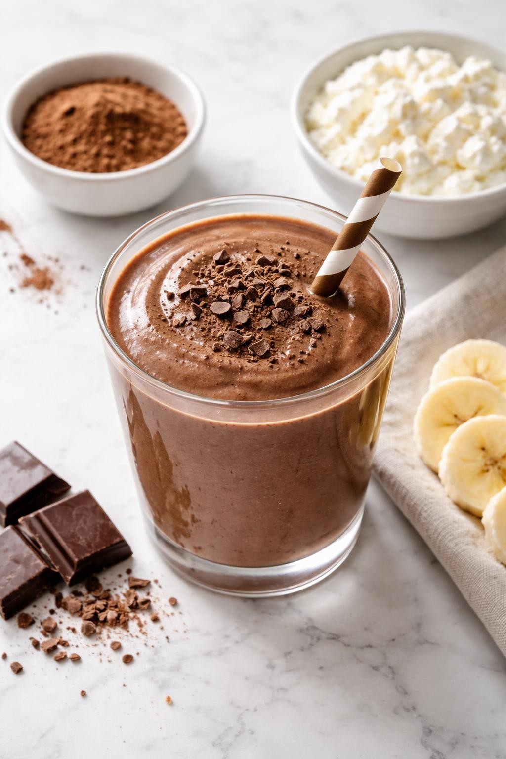 Realistic top-down editorial food photography of a chocolate cottage cheese smoothie in a clear glass on a clean white marble countertop. The smoothie is rich chocolate brown, thick, smooth, and glossy, styled with cocoa powder in a plain small bowl, cottage cheese in a plain dish, banana slices, and a few dark chocolate pieces nearby. Soft natural window lighting, clean dessert-style smoothie styling, realistic thick texture, high detail, no people, no hands, no text, no watermarks.