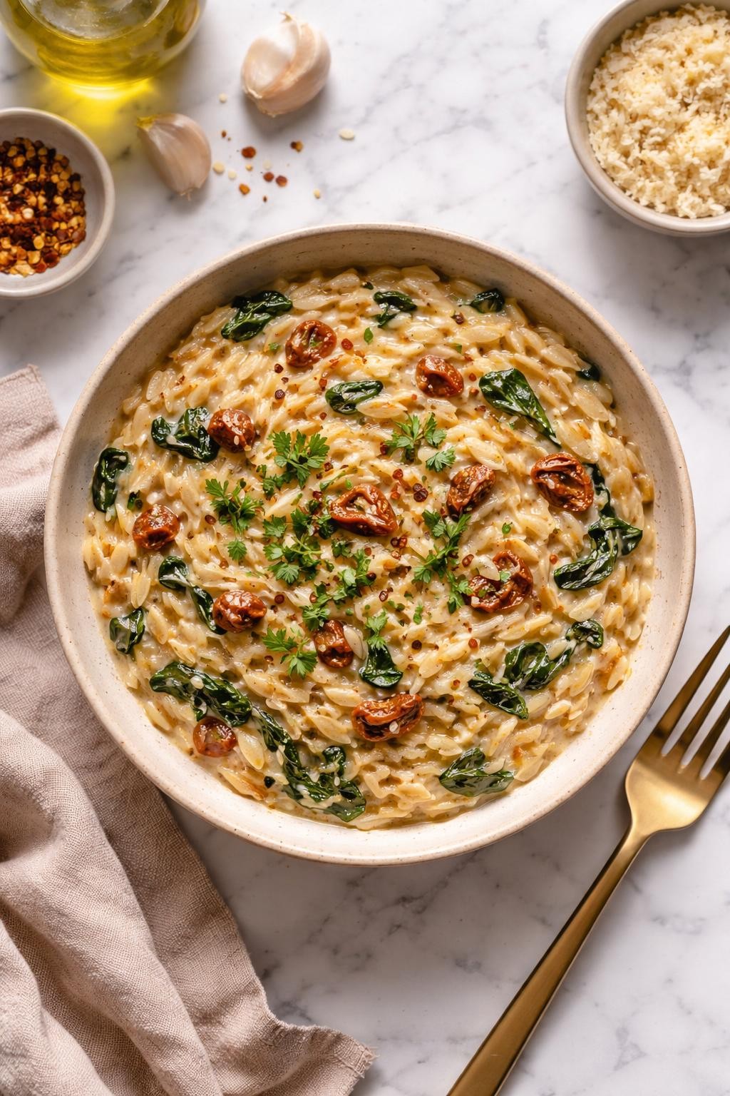 Image Prompt: Realistic top-down editorial food photography of a bowl of creamy sun-dried tomato vegan orzo on a white marble countertop, rich creamy orzo mixed with chopped sun-dried tomatoes, spinach, garlic, and herbs in a shallow bowl, cozy homemade dinner styling, bright natural daylight, soft shadows, clean editorial composition, high detail, realistic texture, no people, no hands, no text, no watermarks, no props with writing.