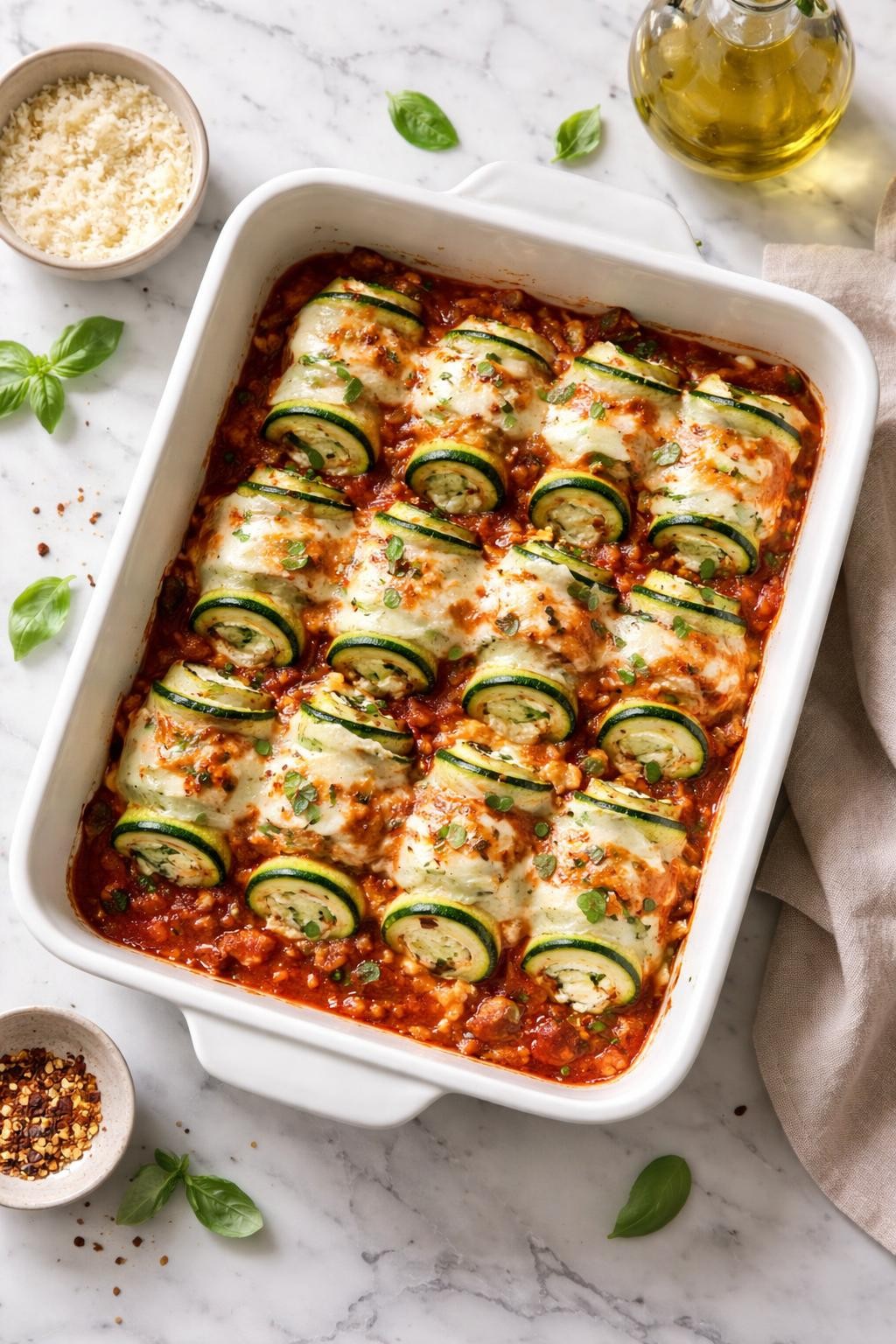 Image Prompt: Realistic top-down editorial food photography of Italian zucchini lasagna roll-ups in a white baking dish on a clean marble countertop, thin zucchini slices rolled with ricotta filling, topped with marinara and melted mozzarella, warm natural daylight, cozy homemade dinner mood, no people, no hands, no text, no watermarks, no props with writing.