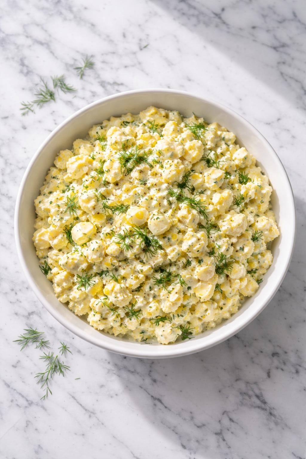 Image Prompt: Realistic top-down editorial food photography of egg salad with fresh dill in a white serving bowl on a clean white and gray marble countertop, creamy chopped egg salad with green dill flecks, mayonnaise, and black pepper, bright natural window lighting, soft shadows, clean composition, high detail, realistic food texture, no people, no hands, no text, no watermarks, no props with writing.