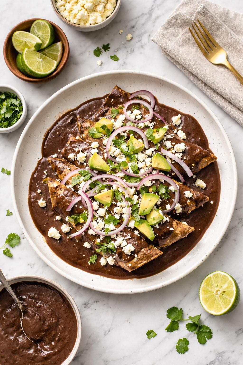 An overheard picture view of a plate of Enfrijoladas sitting on a marble countertop table in the kitchen, professional food photography style.