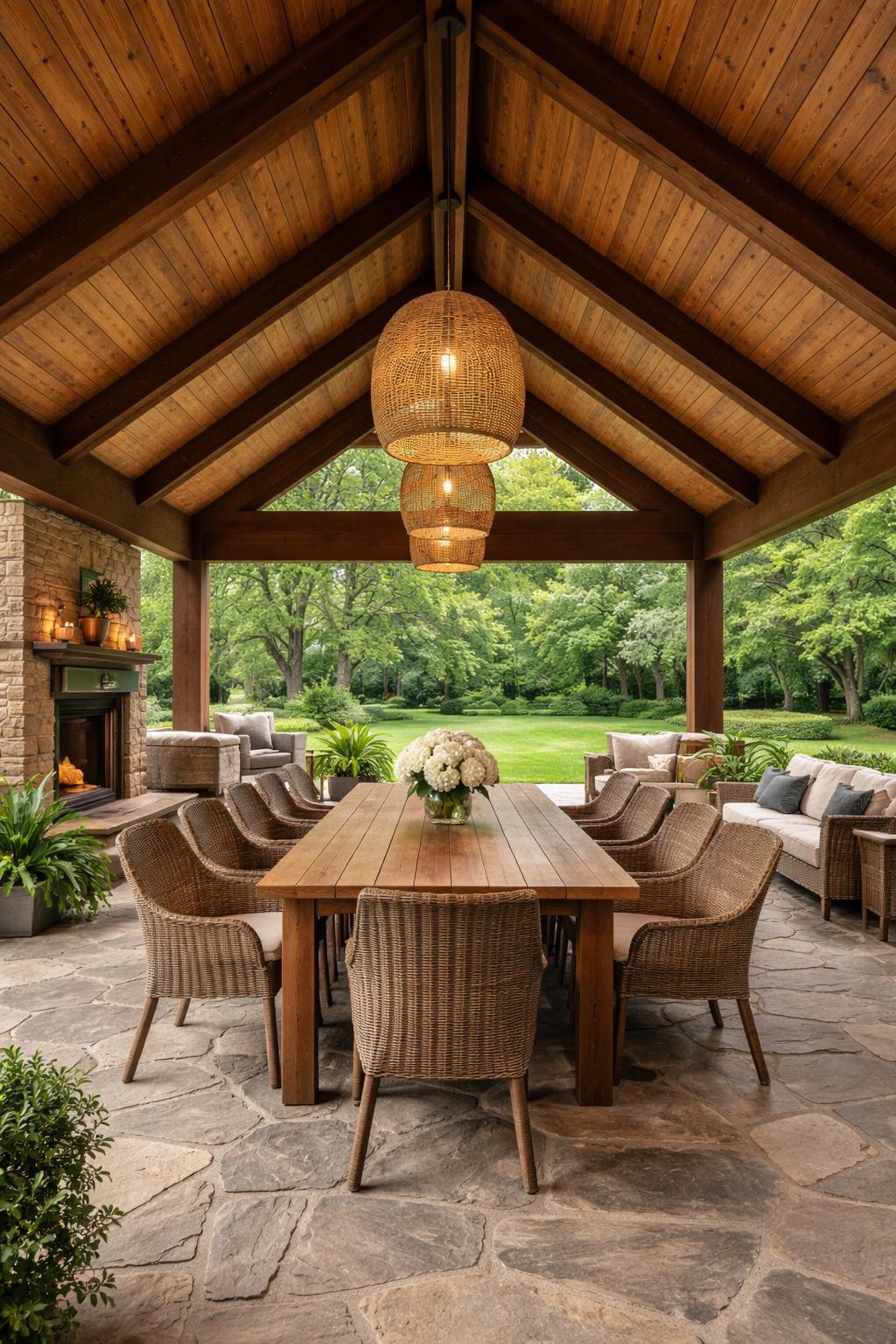 Image Prompt: A stunning patio roof attached to the house with a gable design, high peaked ceiling, exposed wooden beams, stone patio floor, outdoor dining table, woven chairs, soft pendant lighting, green backyard view, elegant covered outdoor living space, no people, realistic DSLR image, no text, no watermarks on images.