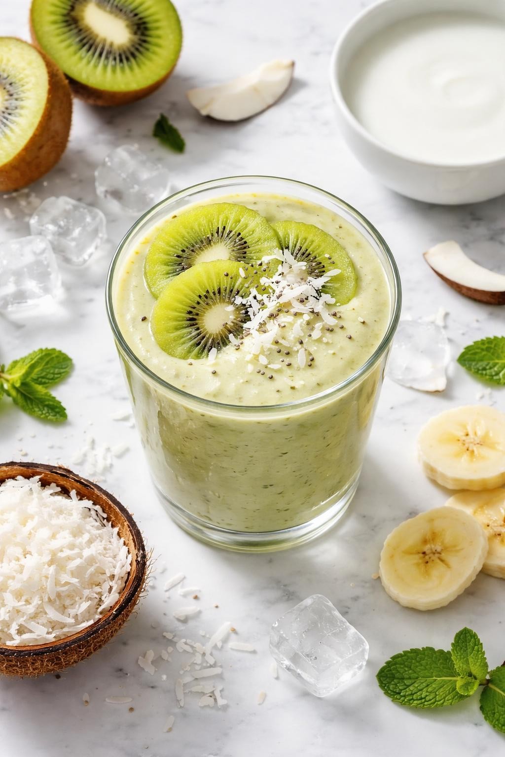 Realistic top-down food photography of a kiwi coconut smoothie served in a clear glass on a clean white marble countertop. The smoothie is pale green, creamy, thick, and smooth, styled with kiwi slices, coconut flakes, coconut milk in a plain bowl, banana slices, and a few ice cubes nearby. Bright natural daylight, clean tropical smoothie styling, realistic creamy texture, high detail, no people, no hands, no text, no watermarks, no props with writing.