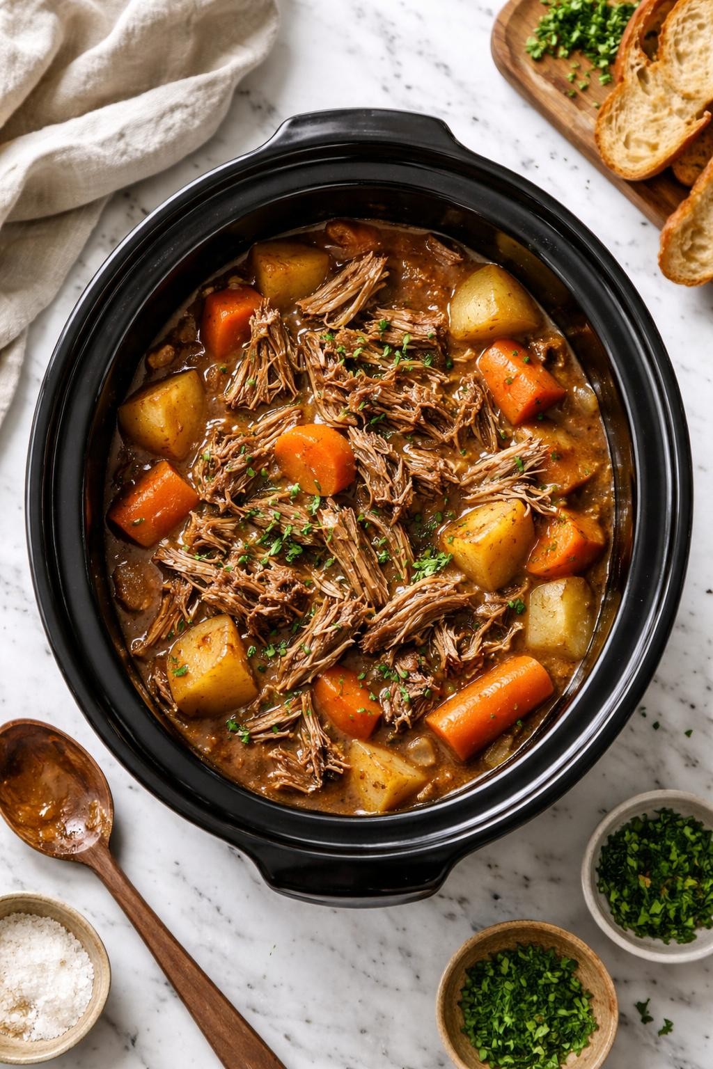 Image Prompt: Realistic top-down editorial food photography of a slow cooker pot roast on a white marble countertop, tender shredded beef roast with carrots and potatoes in a rich brown gravy, rustic homemade comfort food styling, warm cozy dinner mood, bright natural daylight, soft shadows, clean editorial composition, high detail, realistic food texture, no people, no hands, no text, no watermarks, no props with writing.