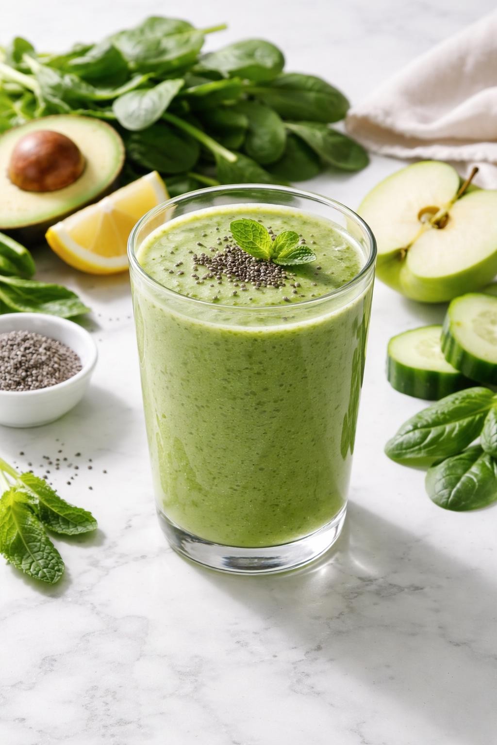 Realistic editorial food photography of a green gut detox smoothie in a clear glass on a white marble countertop, creamy green smoothie made with spinach, cucumber, green apple, avocado, lemon, and plain yogurt, topped with chia seeds and a small mint leaf, clean fresh breakfast drink styling, bright natural light, soft shadows, high detail, realistic creamy texture, no people, no hands, no text, no watermarks, no props with writing.