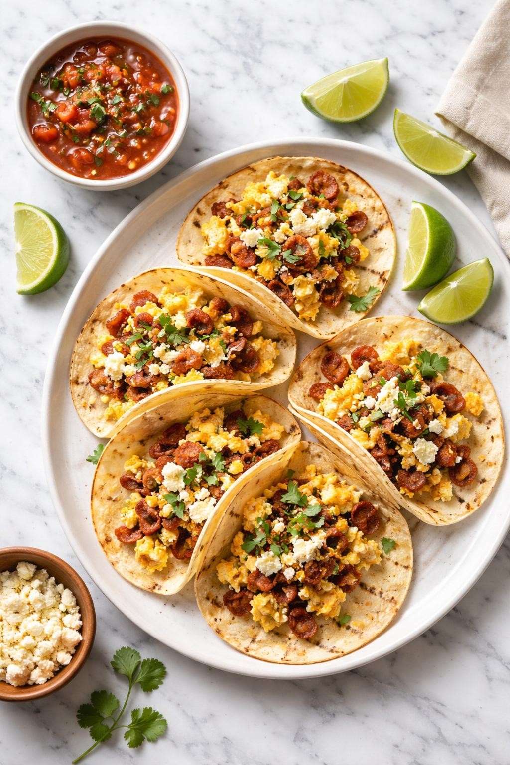 Image Prompt: Realistic top-down editorial food photography of Mexican chorizo and egg breakfast tacos on a clean white and gray marble countertop, warm corn tortillas filled with scrambled eggs, browned Mexican chorizo, crumbled queso fresco, and chopped cilantro, lime wedges and salsa on the side, bright natural daylight, cozy homemade breakfast mood, clean composition, high detail, realistic food texture, no people, no hands, no text, no watermarks, no props with writing.
