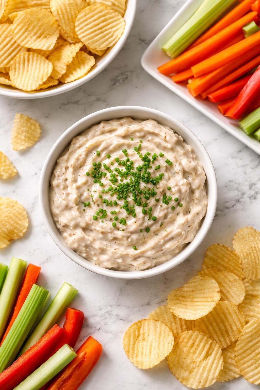 Image Prompt: Realistic top-down editorial food photography of a bowl of homemade French onion dip on a clean white and gray marble countertop, creamy dip topped with chopped chives, surrounded by potato chips and raw vegetable sticks, simple party snack styling, bright natural window lighting, soft shadows, clean editorial composition, high detail, realistic texture, no people, no hands, no text, no watermarks, no props with writing.