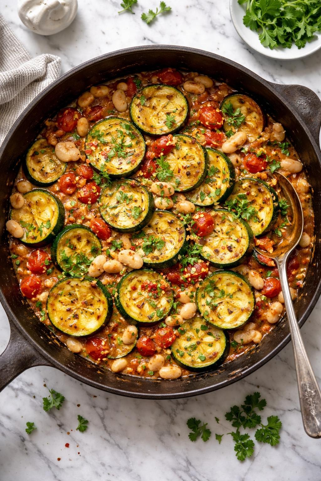 Image Prompt: Realistic top-down editorial food photography of Italian zucchini and white bean skillet on a white marble countertop, sliced zucchini cooked with creamy white beans, garlic, tomatoes, olive oil, and herbs in a rustic skillet, bright natural daylight, hearty homemade meal mood, no people, no hands, no text, no watermarks, no props with writing.