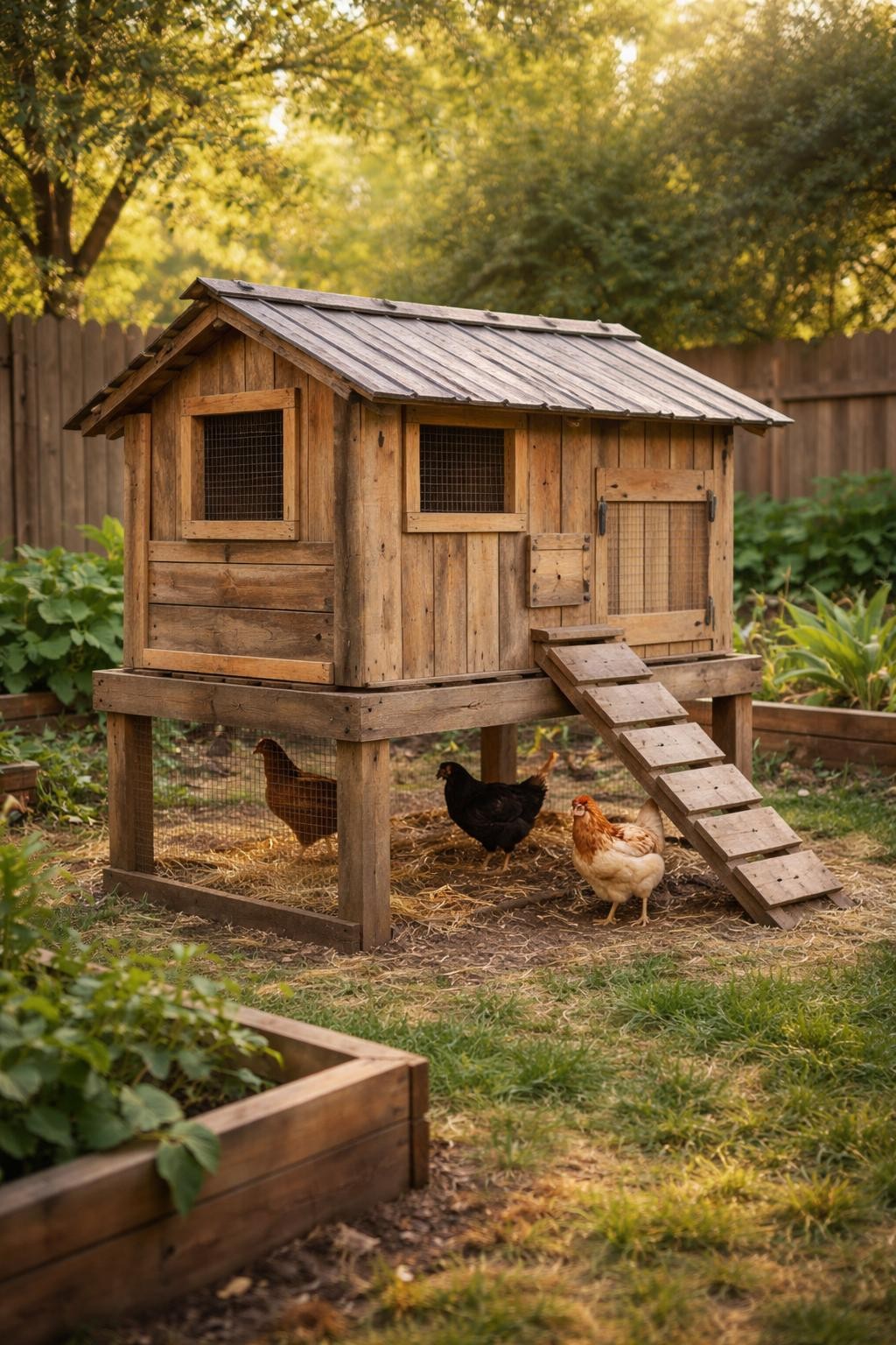 Image Prompt: A raised small chicken coop made from reclaimed pallet wood, standing on short wooden legs, shaded wire run underneath the coop, small ramp leading down, rustic sloped roof, straw bedding, chickens walking under the raised section, backyard vegetable garden and wooden fence in the background, warm natural daylight, practical DIY design, no people, no text, no watermark.