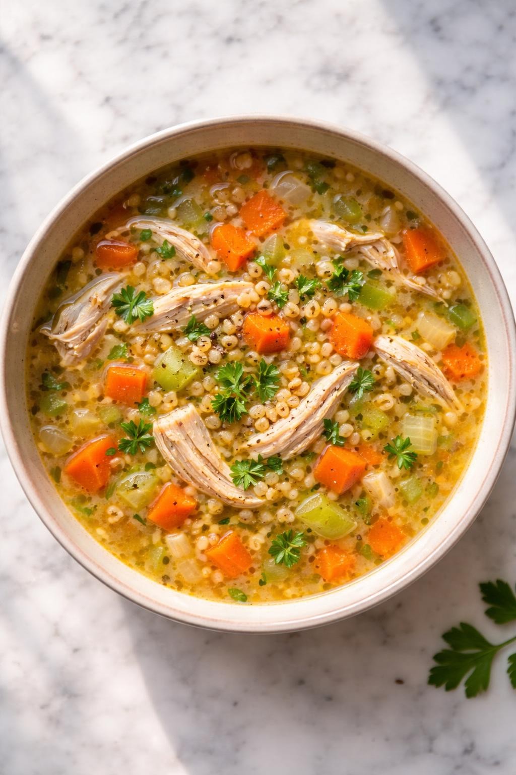 Image Prompt: Realistic top-down editorial food photography of chicken breast barley soup in a neutral bowl on a white marble countertop, rich broth with shredded chicken breast, barley, carrots, celery, onion, and herbs, warm wholesome homemade soup mood, bright natural daylight, no people, no hands, no text, no watermarks, no props with writing.