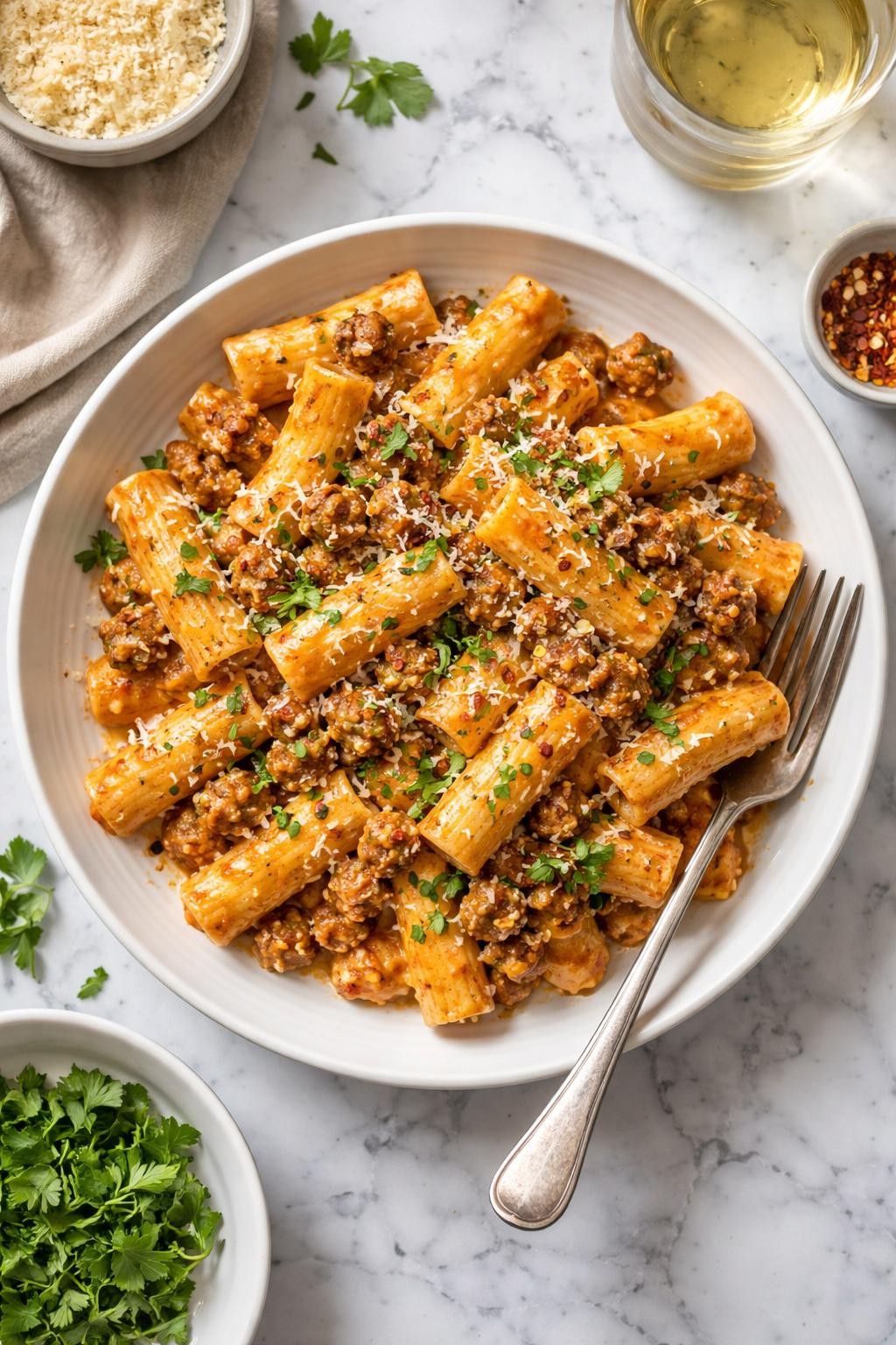 An overheard picture view of a plate of Creamy Hot Italian Sausage Rigatoni sitting on a marble countertop table in the kitchen, professional food photography style.