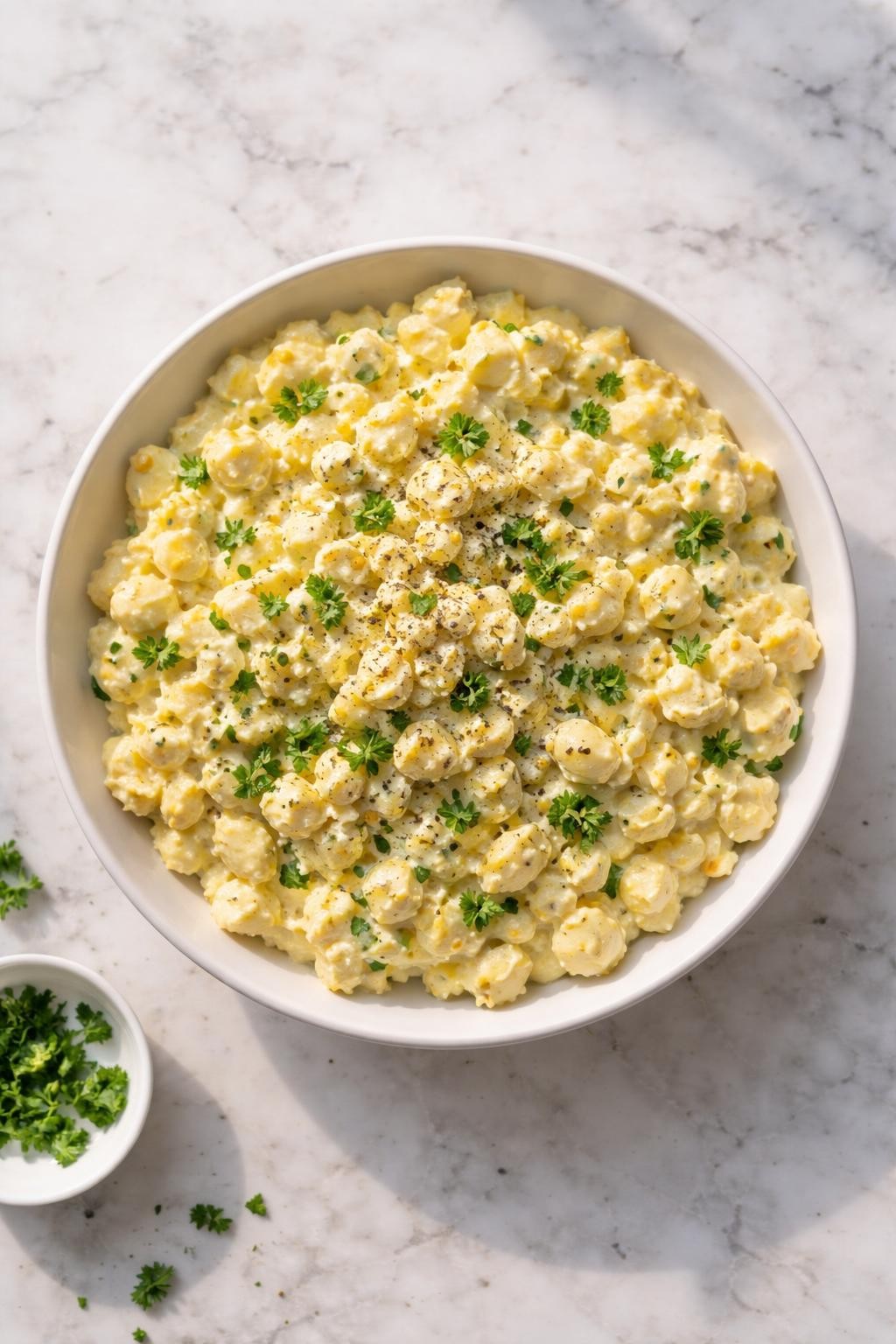 Image Prompt: Realistic top-down editorial food photography of creamy egg salad with Dijon mustard in a shallow white bowl on a light marble countertop, chopped hard-boiled eggs mixed with mayonnaise, Dijon, black pepper, and parsley, bright natural daylight, soft shadows, clean homemade food styling, high detail, realistic textures, no people, no hands, no text, no watermarks, no props with writing.