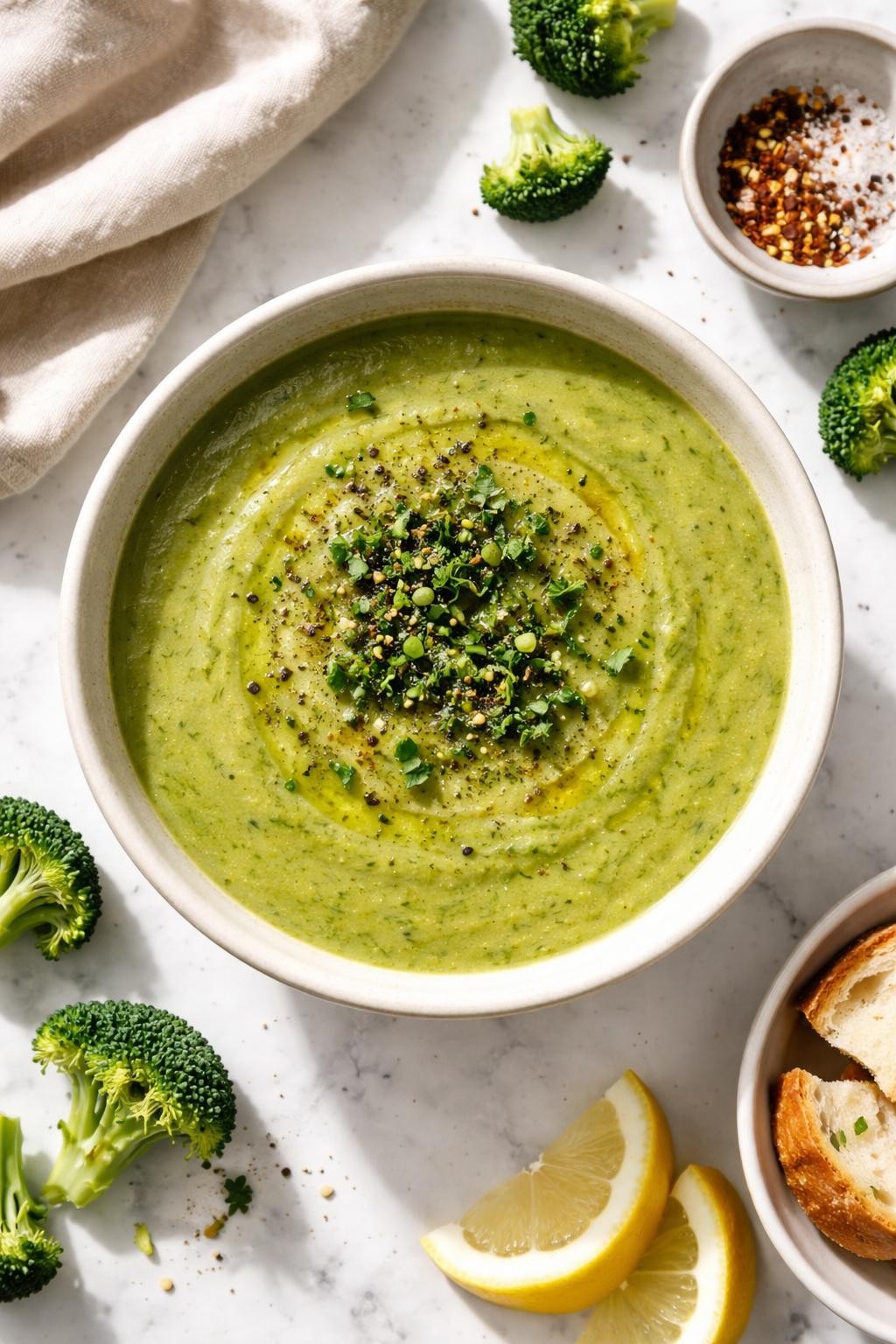 Image Prompt: Realistic top-down editorial food photography of vegan broccoli soup in a simple ceramic bowl on a white marble countertop, smooth creamy green soup made without dairy, topped with cracked black pepper and chopped herbs, fresh homemade styling, bright natural light, soft shadows, no people, no hands, no text, no watermarks, no props with writing.