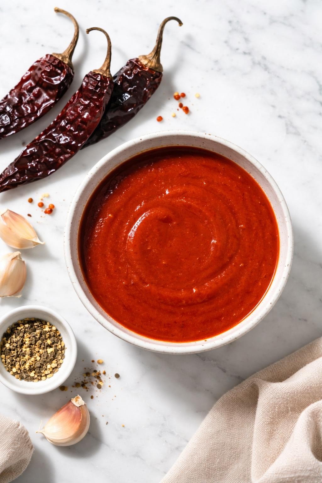 Image Prompt: Realistic top-down editorial food photography of a bowl of guajillo sauce on a bright white marble countertop, smooth red Mexican sauce made with softened guajillo chiles, garlic, onion, and broth, rich but not too thick texture, dried guajillo peppers nearby, natural daylight, neat editorial styling, no people, no hands, no text, no watermarks, no props with writing.