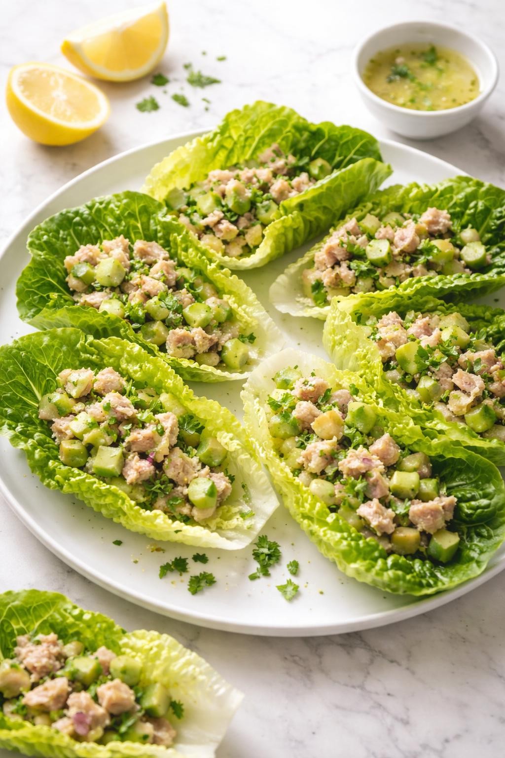 Realistic editorial food photography of cucumber tuna lettuce cups on a pale marble countertop, crisp romaine lettuce leaves filled with flaky tuna, diced cucumber, celery, red onion, avocado, and fresh parsley, light lemon dressing visible, arranged neatly on a simple white plate, bright natural light, clean fresh lunch styling, realistic texture, no people, no hands, no text, no watermarks, no props with writing.