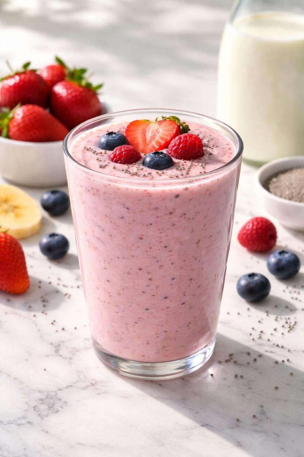 Realistic editorial food photography of a kefir berry smoothie in a clear glass on a pale marble countertop, creamy pink smoothie made with plain kefir, strawberries, blueberries, chia seeds, and banana, topped with a few berries and tiny chia seeds, bright natural light, clean healthy breakfast drink styling, soft shadows, high detail, realistic creamy texture, no people, no hands, no text, no watermarks, no props with writing.