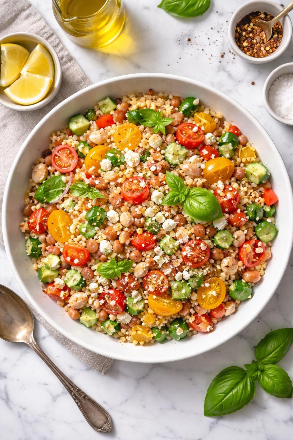 An overheard picture view of a plate of Tuscan White Bean and Farro Salad sitting on a marble countertop table in the kitchen, professional food photography style.