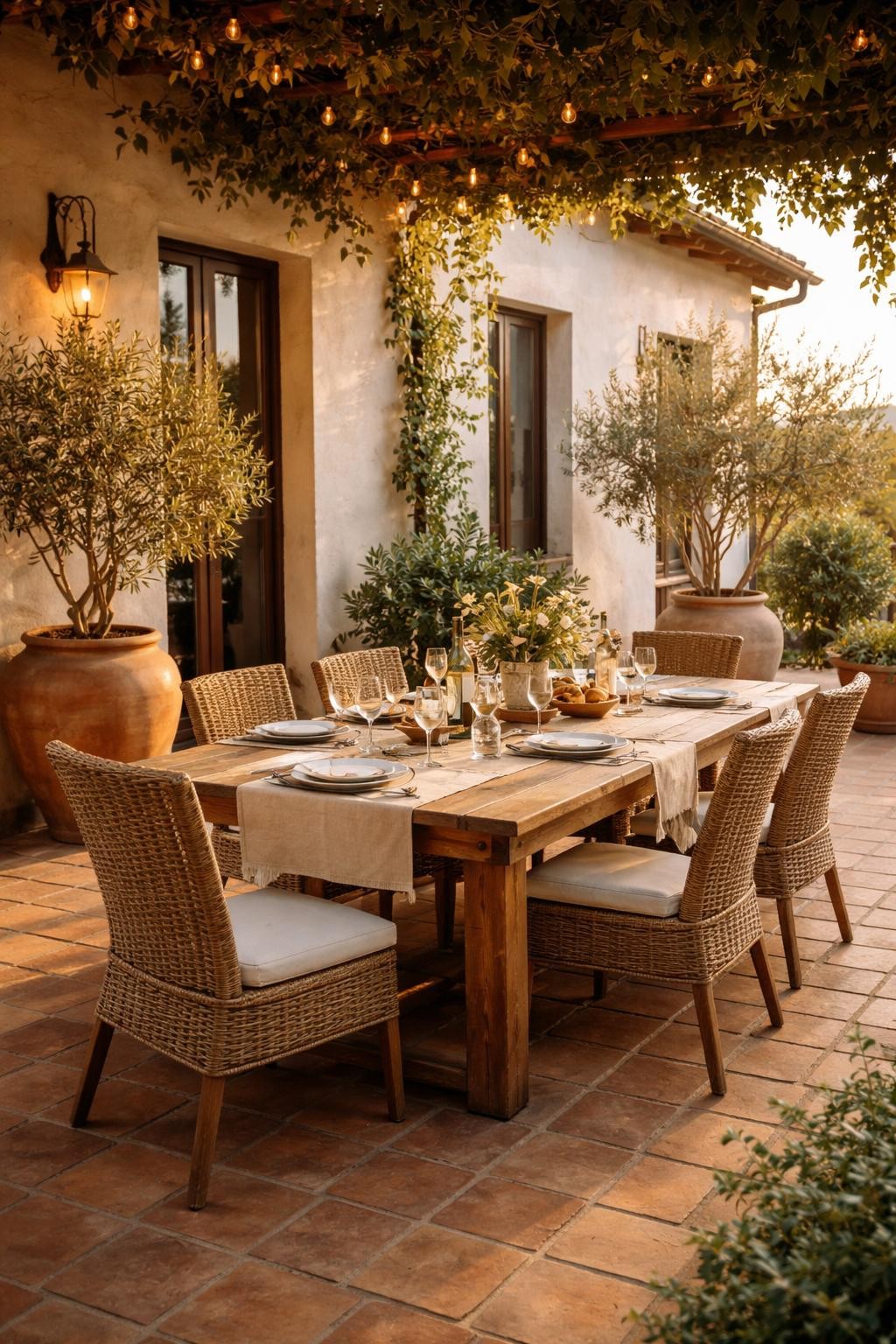Image Prompt: A lovely Italian-style patio with warm terracotta tile flooring, a rustic wooden dining table, woven dining chairs, white stucco walls, large clay pots with olive trees, soft linen table setting, warm golden hour lighting, relaxed Tuscan courtyard mood, no people, realistic DSLR photo, editorial home and garden style, high detail, no text, no watermarks on images.