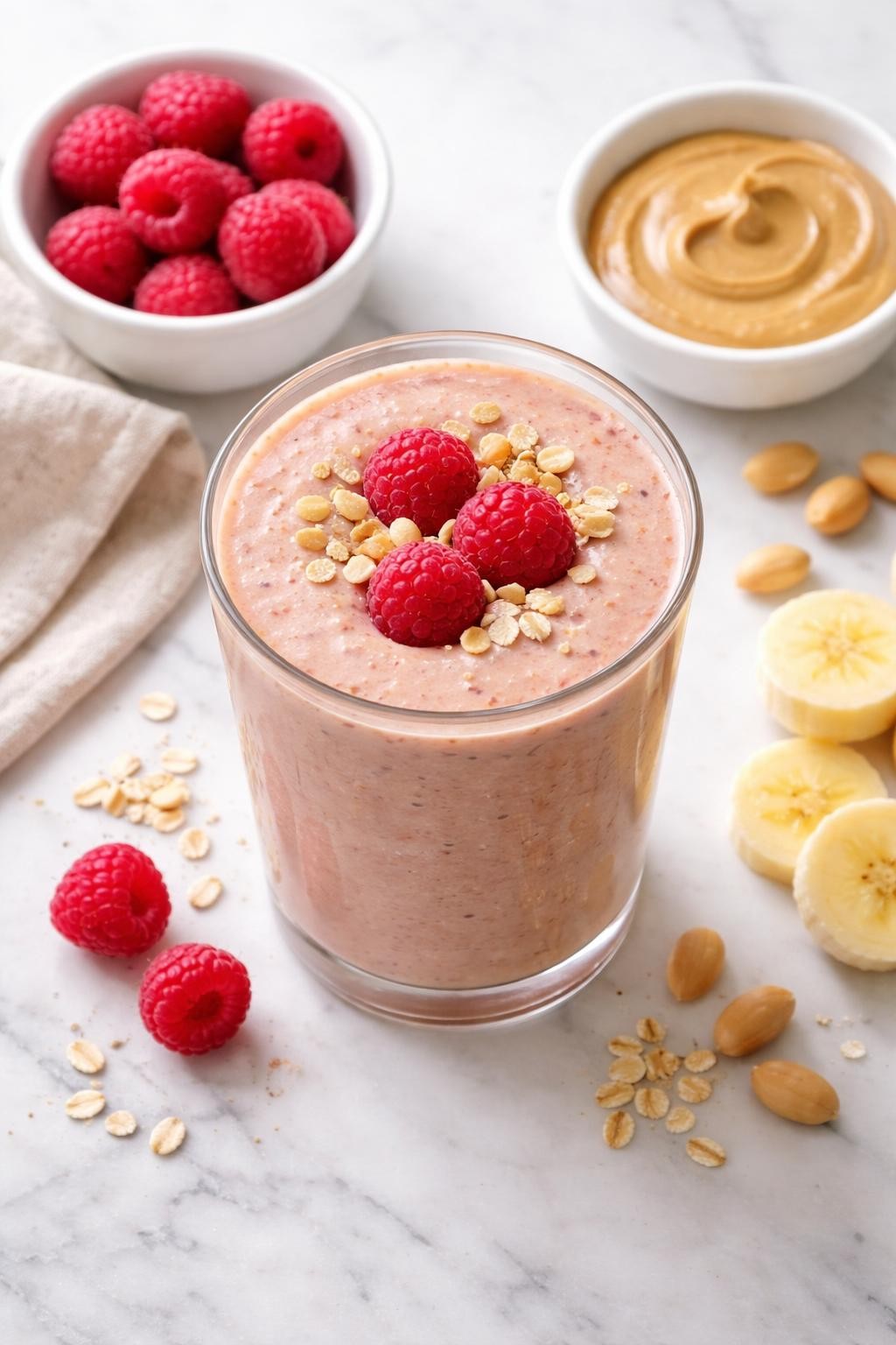 Realistic top-down editorial food photography of a raspberry peanut butter smoothie in a clear glass on a clean white marble countertop. The smoothie is muted pink-tan, thick, creamy, and smooth, styled with raspberries, peanut butter in a plain dish, banana rounds, and a few peanuts nearby. Soft natural window lighting, cozy snack smoothie styling, realistic creamy texture, high detail, no people, no hands, no text, no watermarks, no props with writing.
