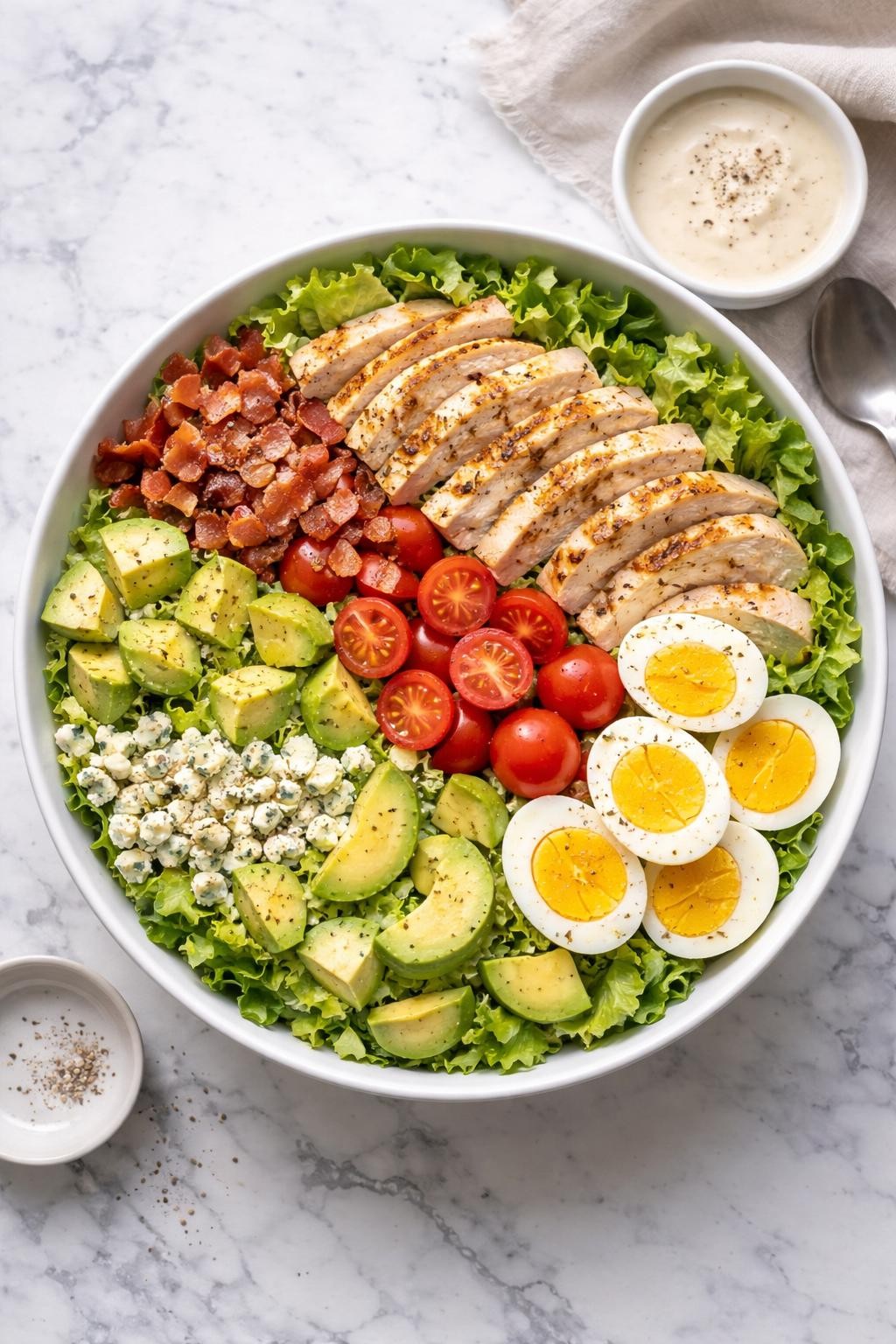 Image Prompt: Realistic top-down editorial food photography of a keto Cobb salad on a clean white and gray marble countertop, filled with sliced grilled chicken, crispy bacon, avocado, boiled eggs, cherry tomatoes, blue cheese crumbles, romaine lettuce, and creamy dressing in neat rows, fresh hearty homemade meal mood, bright natural window lighting, soft shadows, clean composition, high detail, realistic food texture, no people, no hands, no text, no watermarks, no props with writing.