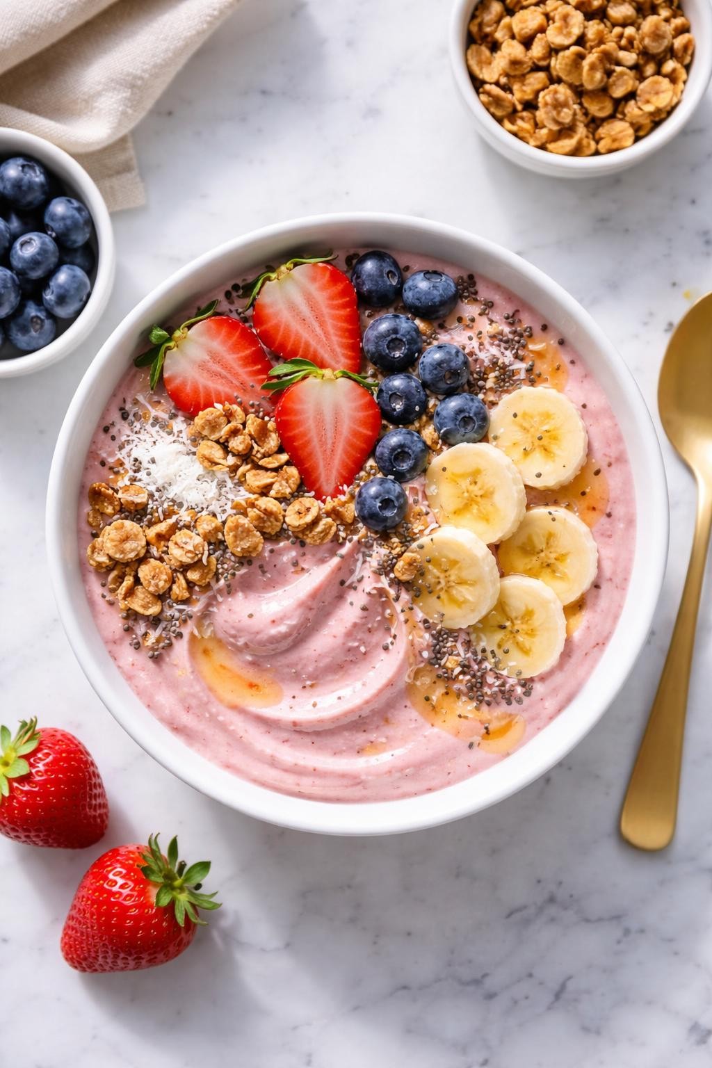 Prompt: A realistic top-down editorial food photography image of a thick yogurt smoothie bowl served in a white ceramic bowl, sitting on a countertop marble table. The smoothie base is creamy soft pink from Greek yogurt, frozen strawberries, and banana, with a smooth swirled spoonable texture, topped with fresh strawberries, blueberries, banana slices, granola clusters, chia seeds, shredded coconut, and a light honey drizzle. Soft natural morning light, clean composition, fresh creamy breakfast mood, no people, no hands, no text, no watermarks, no props with writing.