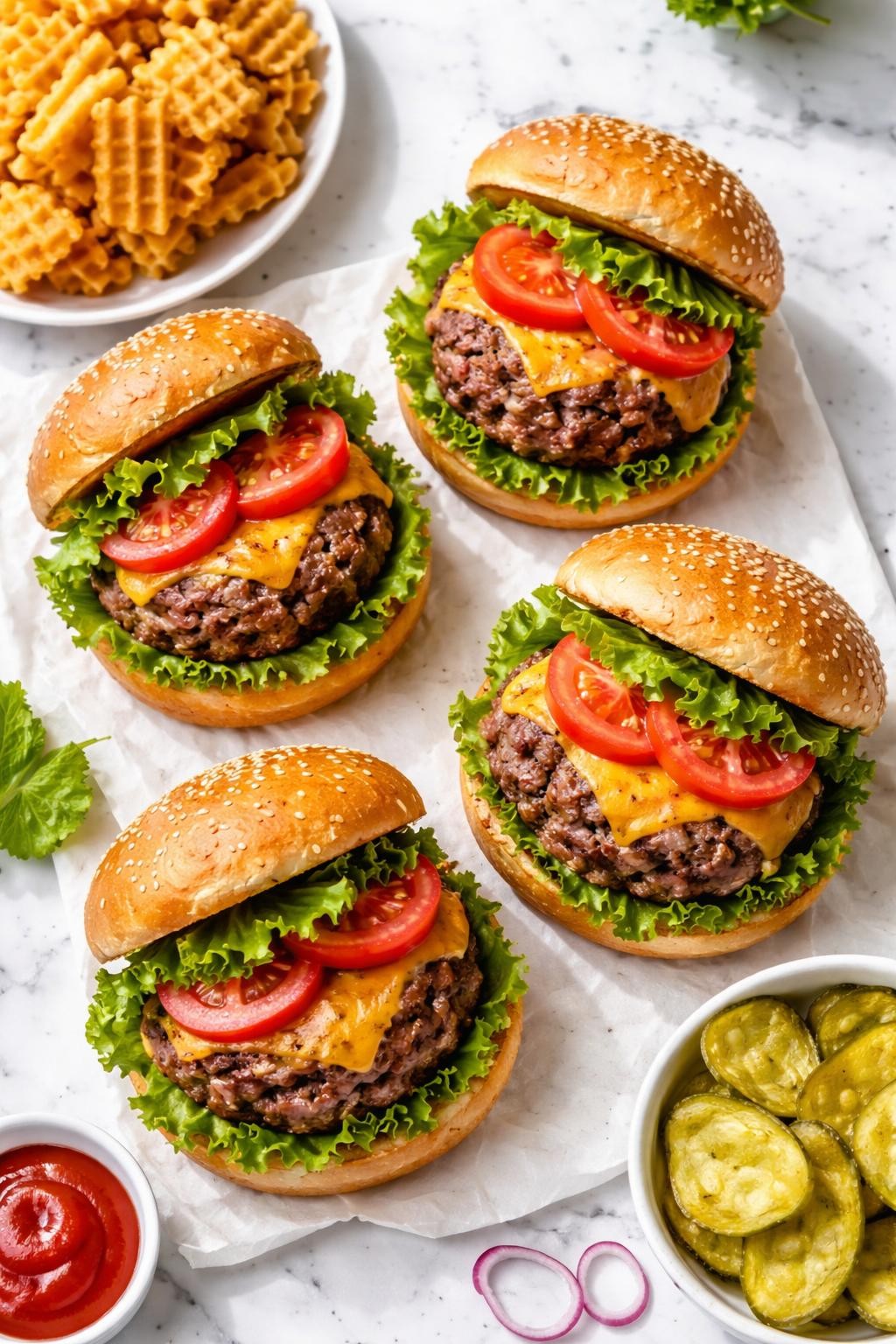 Image Prompt: Realistic top-down editorial food photography of homemade onion soup mix burgers on a white marble countertop, juicy grilled beef burger patties on toasted buns with lettuce, tomato, and melted cheese, classic homemade cookout styling, bright natural daylight, soft shadows, clean composition, high detail, realistic food texture, no people, no hands, no text, no watermarks, no props with writing.