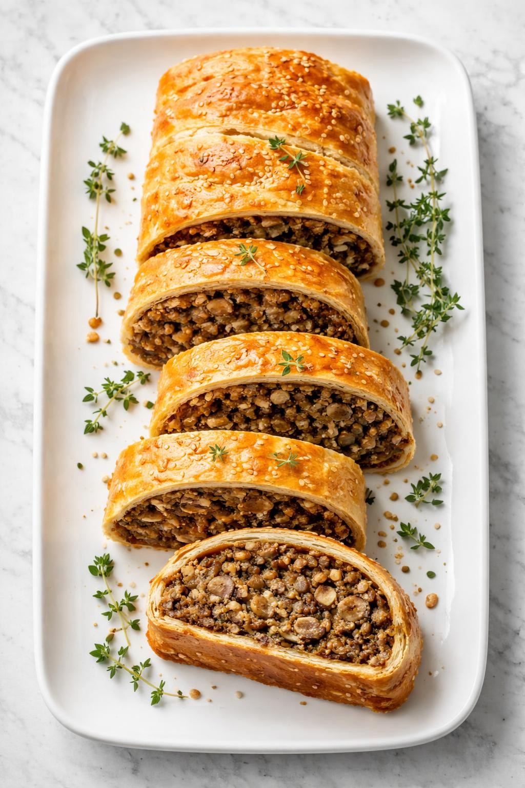 Image Prompt: Top-down realistic editorial food photography of a sliced vegan lentil walnut wellington on a white serving platter over a clean marble countertop, golden flaky pastry wrapped around rich savory lentil filling, refined dinner party presentation, bright natural daylight, upscale plant-based main course mood, no people, no hands, no text, no watermarks, no props with writing.