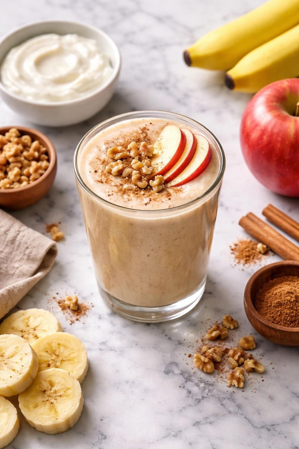 Realistic top-down editorial food photography of an apple cinnamon walnut smoothie served in a clear glass on a clean white and gray marble countertop. The smoothie is pale beige, thick, creamy, and smooth, styled with apple slices, chopped walnuts, cinnamon, Greek yogurt in a plain bowl, and banana slices nearby. Natural window lighting, cozy nourishing breakfast smoothie styling, high detail, realistic creamy texture, no people, no hands, no text, no watermarks, no props with writing.