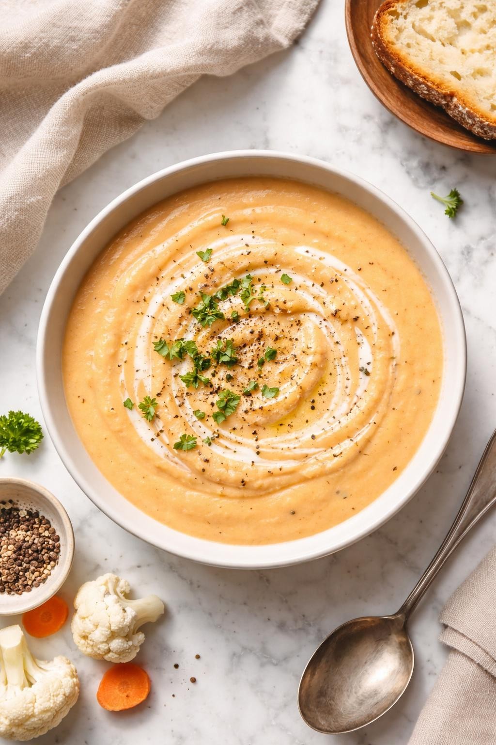 Image Prompt: Realistic top-down editorial food photography of creamy cauliflower carrot soup in a simple bowl on a white marble countertop, silky pale orange soup made with cauliflower and carrots, topped with black pepper and a light cream swirl, fresh cozy homemade styling, bright natural light, soft shadows, no people, no hands, no text, no watermarks, no props with writing.