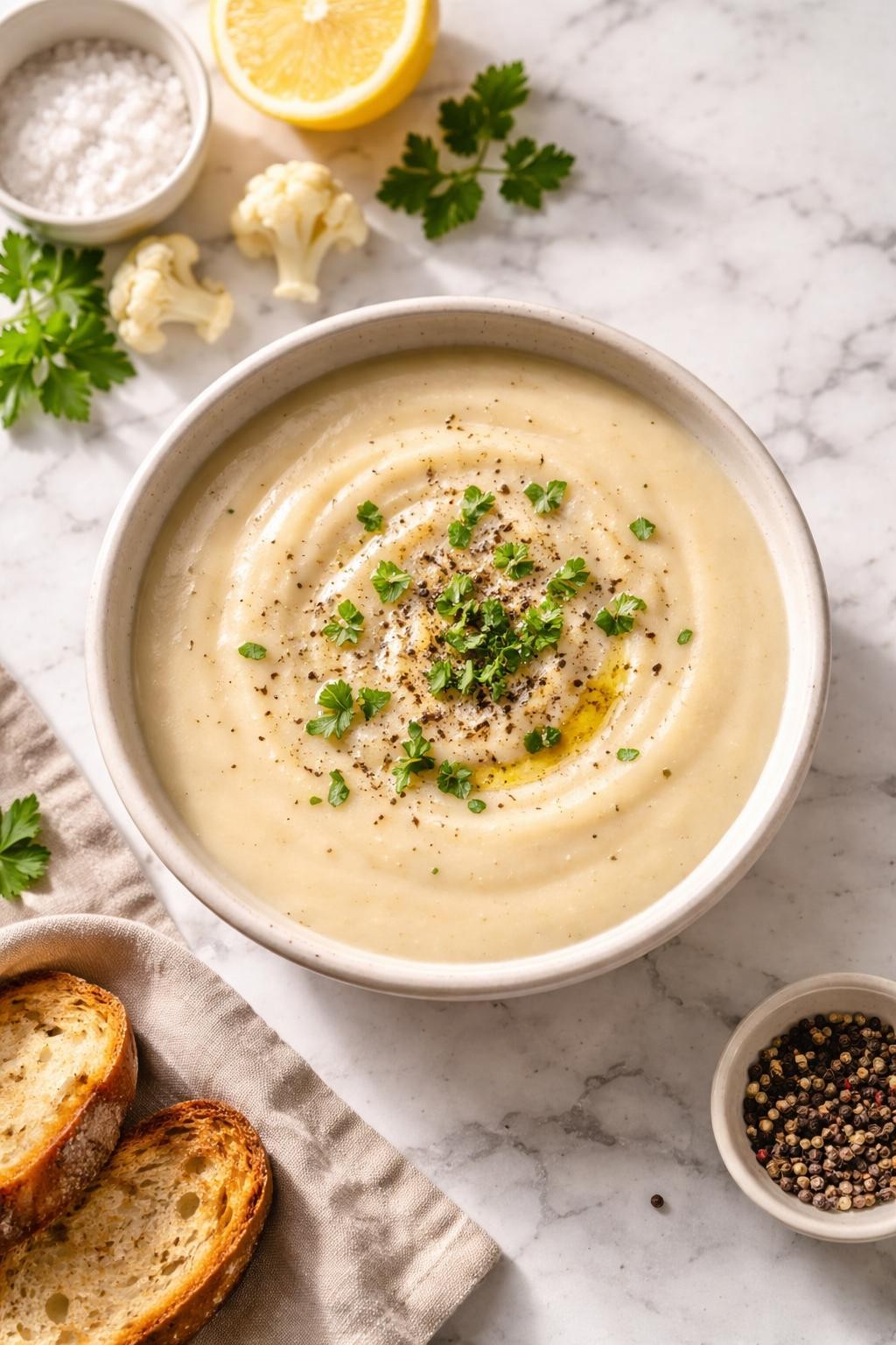 Image Prompt: Realistic top-down editorial food photography of vegan creamy cauliflower soup in a simple ceramic bowl on a white and gray marble countertop, smooth pale soup made without dairy, topped with black pepper and chopped herbs, fresh homemade styling, bright natural light, soft shadows, no people, no hands, no text, no watermarks, no props with writing.