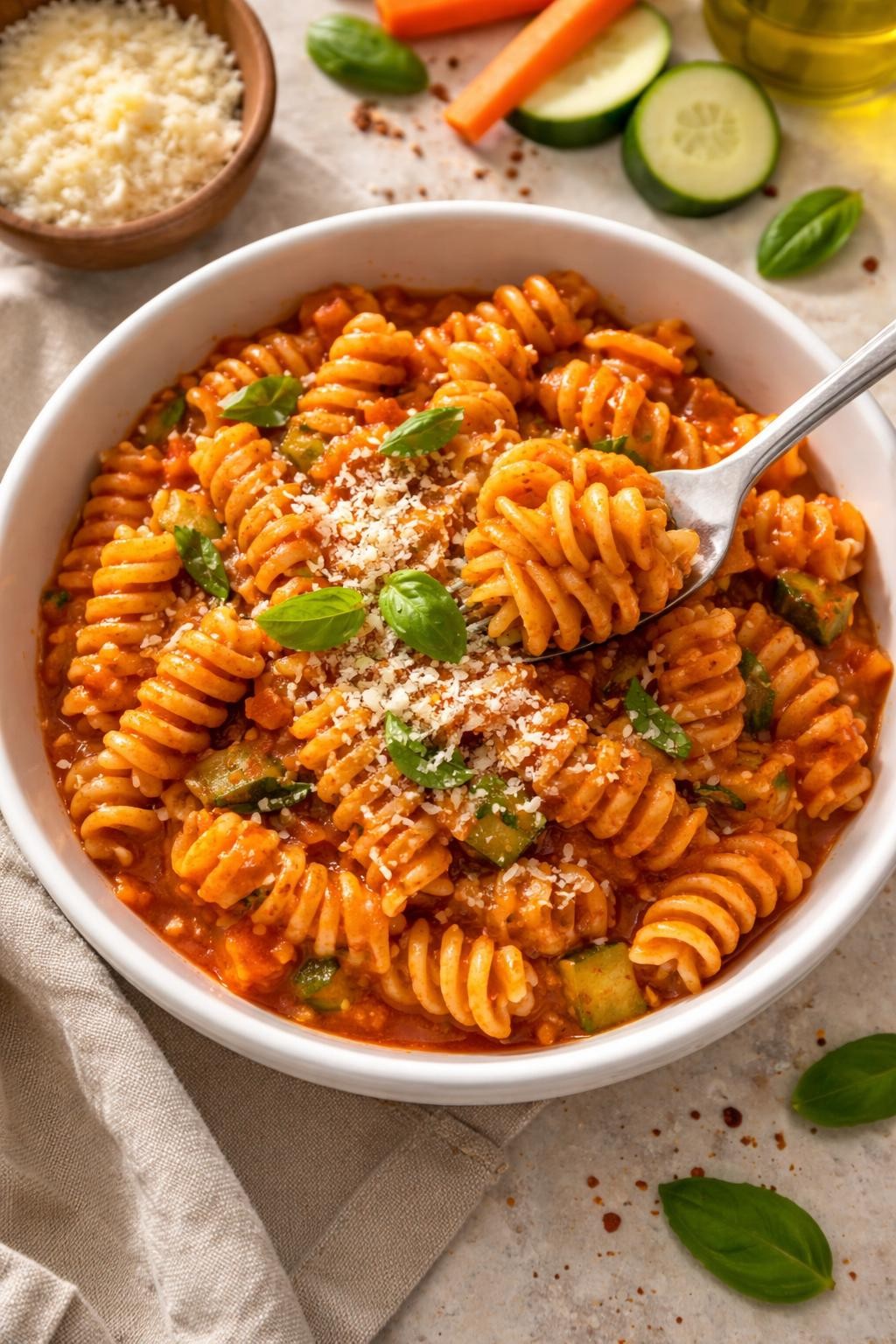 Photo prompt: Realistic top-down editorial food photography of a white bowl filled with rotini pasta coated in a smooth red sauce, with small visible flecks of carrot and zucchini. A sprinkle of Parmesan and fresh basil on top. A fork twirling noodles. Warm natural light, kid-friendly hidden veggie dinner mood, no people, no hands, no text, no watermarks, no props with writing.