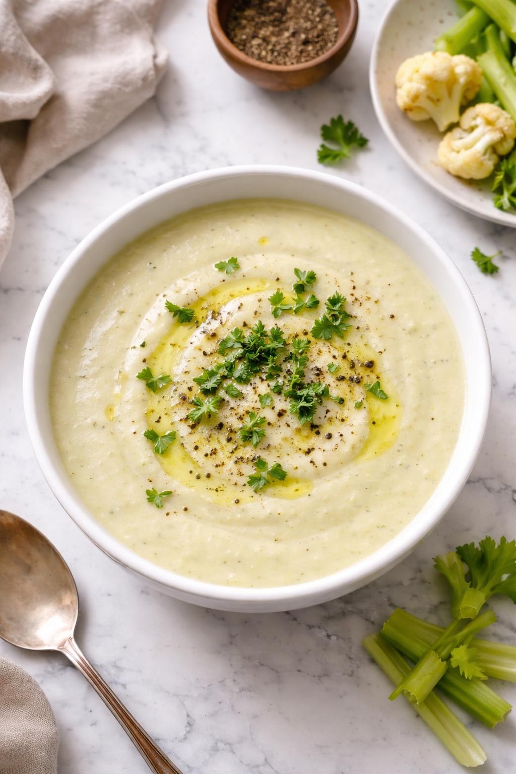 Image Prompt: Realistic top-down editorial food photography of creamy cauliflower celery soup in a simple white bowl on a white marble countertop, smooth pale soup with cauliflower and celery blended together, topped with black pepper and parsley, cozy homemade styling, bright natural daylight, soft shadows, no people, no hands, no text, no watermarks, no props with writing.
