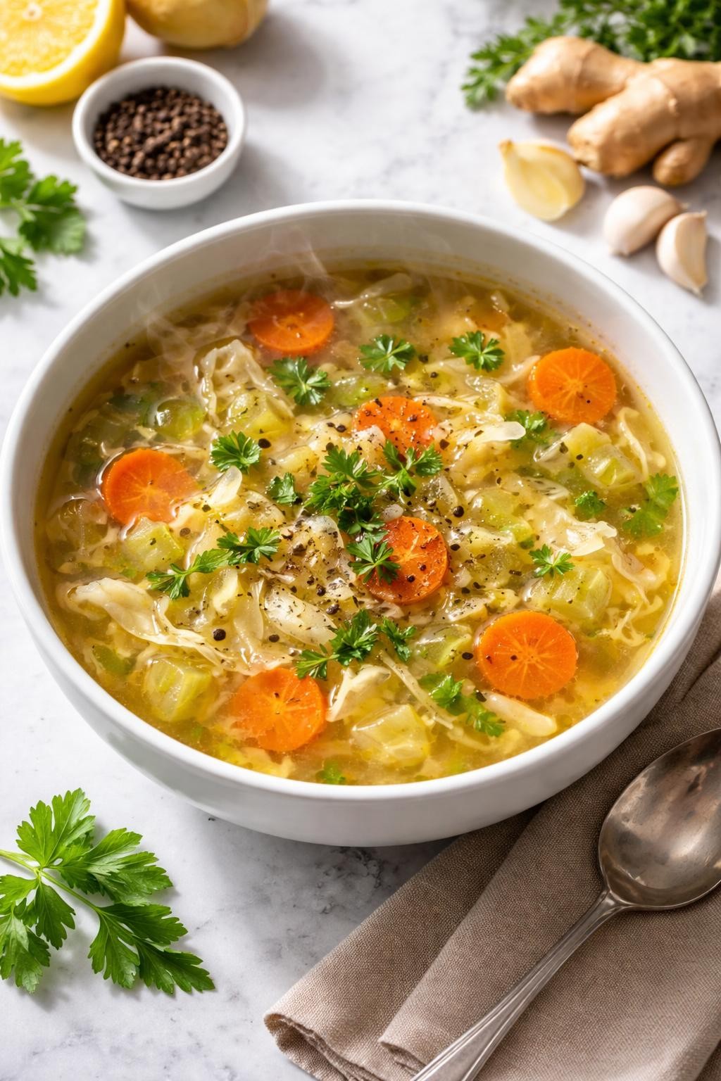 Realistic top-down editorial food photography of cabbage ginger detox soup in a white ceramic bowl on a clean marble countertop, clear golden broth filled with shredded cabbage, sliced carrots, celery, onion, garlic, fresh ginger, parsley, and black pepper, light steam rising, warm homemade soup mood, bright natural window lighting, soft shadows, high detail, realistic vegetable and broth texture, no people, no hands, no text, no watermarks, no props with writing.