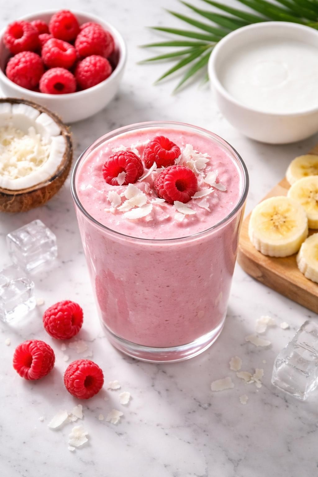 Realistic top-down food photography of a raspberry coconut smoothie served in a clear glass on a clean white marble countertop. The smoothie is soft pink, thick, creamy, and smooth, styled with raspberries, coconut flakes, coconut milk in a plain bowl, banana slices, and a few ice cubes nearby. Bright natural daylight, clean tropical berry smoothie styling, realistic creamy texture, high detail, no people, no hands, no text, no watermarks, no props with writing.