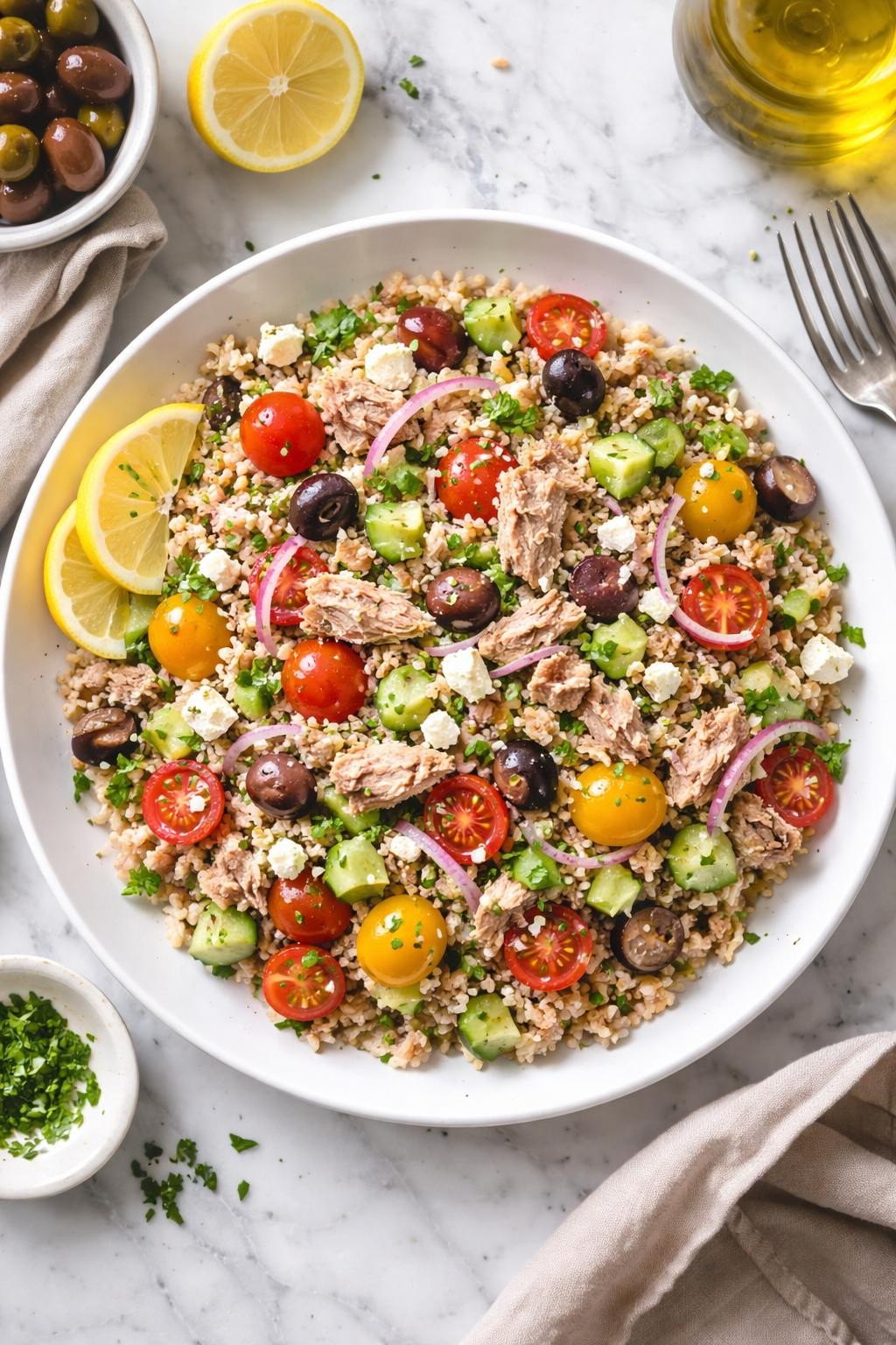 An overheard picture view of a plate of Mediterranean Tuna and Rice Salad sitting on a marble countertop table in the kitchen, professional food photography style.