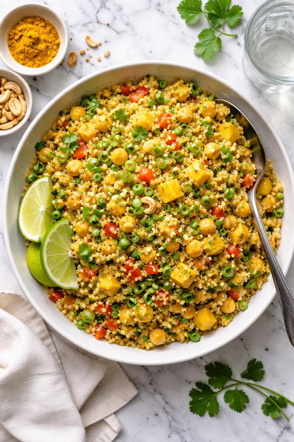 An overheard picture view of a plate of Curry Quinoa Salad with Chickpeas and Mango sitting on a marble countertop table in the kitchen, professional food photography style.