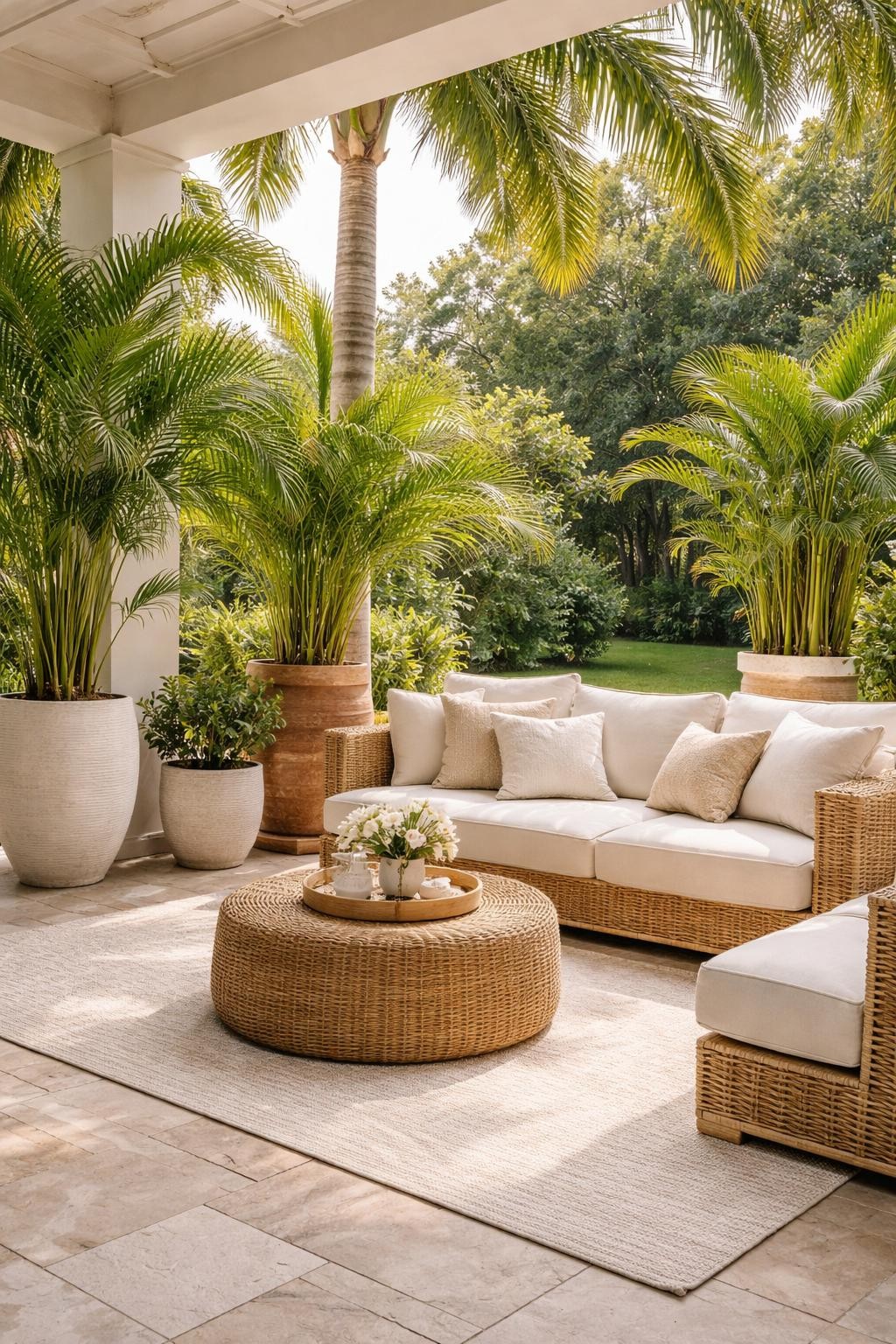 Image Prompt: A lovely tropical patio with large potted palms in oversized clay and white planters, cushioned outdoor sofa with cream pillows, woven coffee table, light stone patio floor, soft outdoor rug, warm natural daylight, lush green backyard setting, relaxed resort-like atmosphere, no people, realistic DSLR photo, editorial home and garden style, high detail, no text, no watermarks on images.
