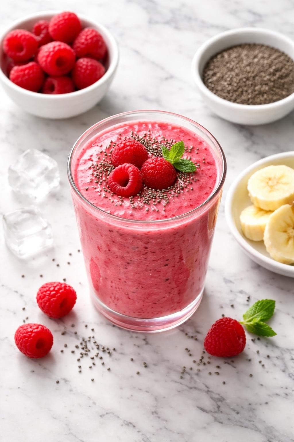 Realistic top-down editorial food photography of a raspberry chia smoothie served in a clear glass on a clean white and gray marble countertop. The smoothie is bright pink-red, thick, creamy, and lightly speckled, styled with raspberries, chia seeds in a plain dish, banana slices, and a few ice cubes nearby. Bright natural window lighting, clean healthy snack styling, high detail, realistic smoothie texture, no people, no hands, no text, no watermarks, no props with writing.