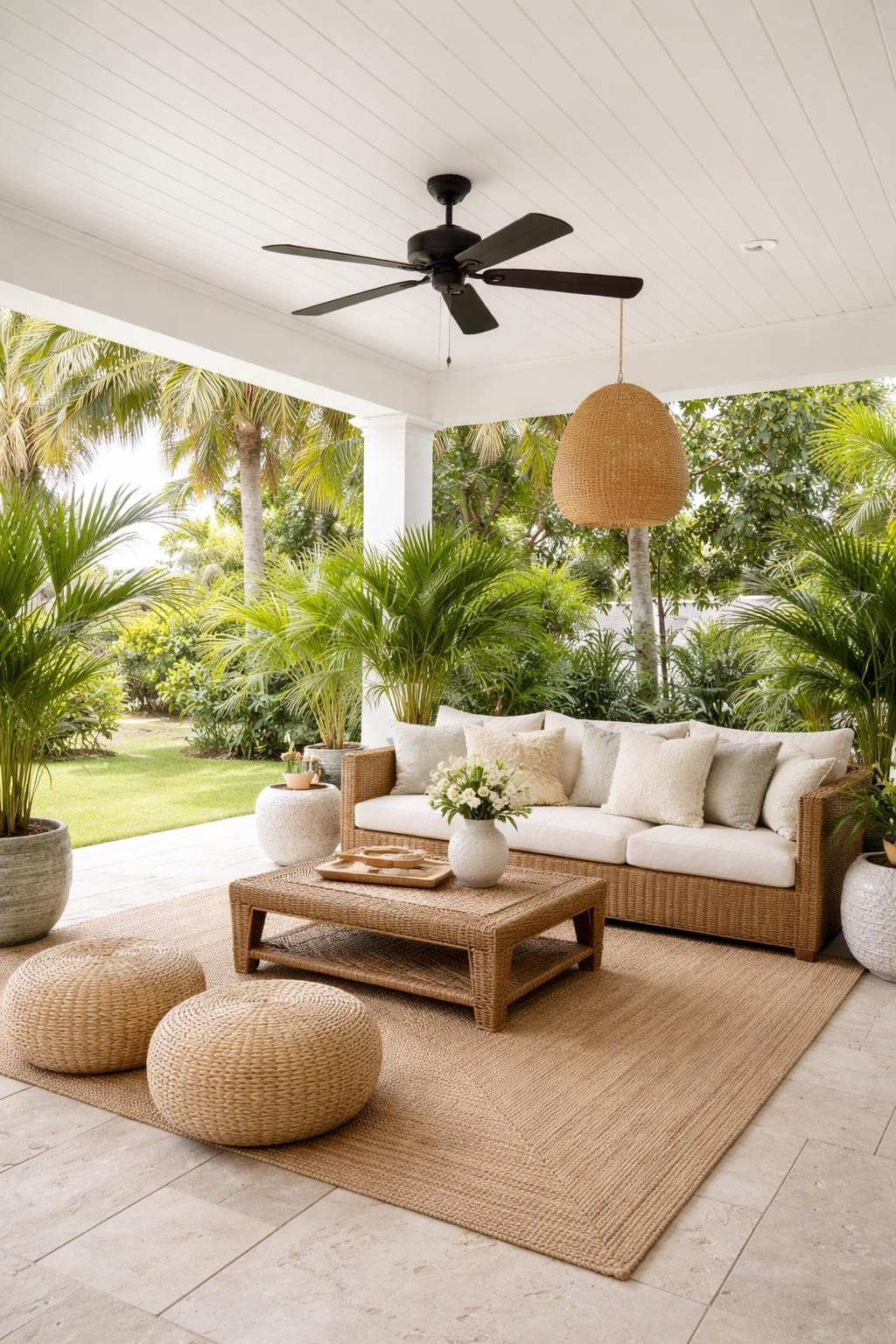 Image Prompt: A covered tropical patio with a white ceiling and black outdoor ceiling fan, rattan sofa with cream cushions, leafy potted palms, woven pendant light, jute-style outdoor rug, light stone floor, bright airy backyard setting, no people, realistic DSLR photo, no text, no watermarks on images.