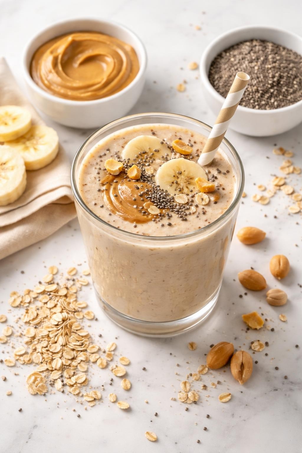 Realistic top-down editorial food photography of a peanut butter chia smoothie served in a clear glass on a clean white marble countertop. The smoothie is pale tan, thick, smooth, and creamy, styled with peanut butter in a plain small dish, chia seeds, banana slices, rolled oats, and a few peanuts nearby. Soft natural daylight, cozy filling breakfast smoothie styling, high detail, realistic creamy texture, no people, no hands, no text, no watermarks, no props with writing.