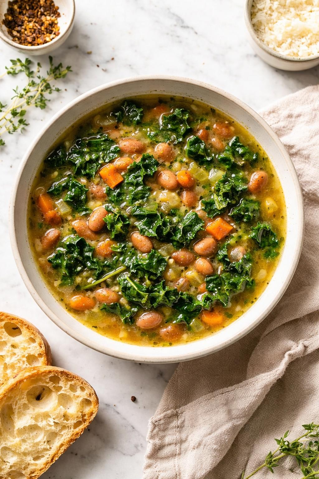 Image Prompt: Realistic top-down editorial food photography of pinto bean soup with kale in a simple bowl on a white marble countertop, warm broth with tender pinto beans, chopped kale, carrots, and onions, fresh green and brown tones, cozy homemade styling, bright natural light, soft shadows, no people, no hands, no text, no watermarks, no props with writing.