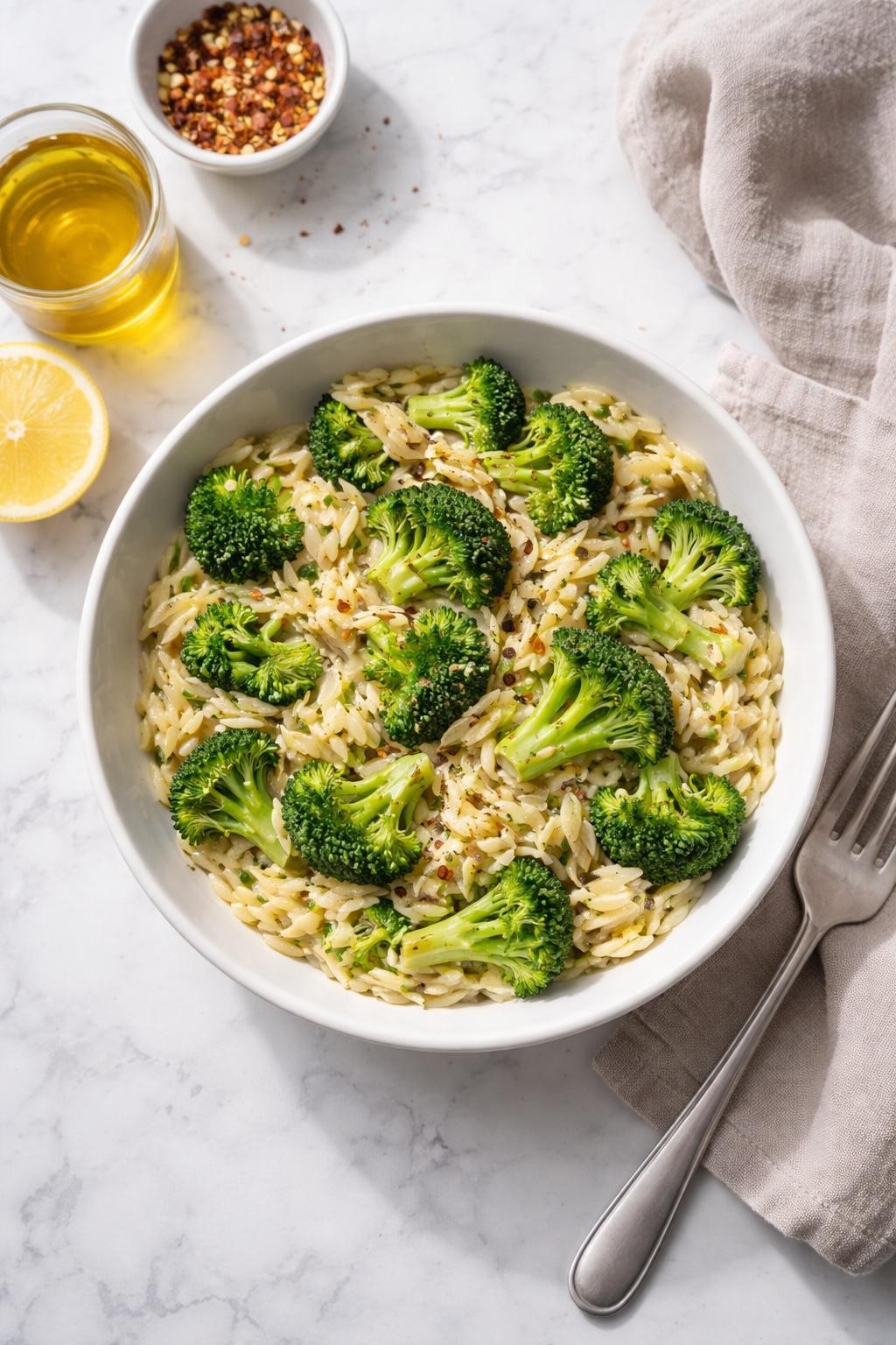 Image Prompt: Realistic top-down editorial food photography of a bowl of vegan orzo with broccoli and garlic on a clean white and gray marble countertop, tender orzo mixed with broccoli florets, garlic, olive oil, and black pepper in a simple white bowl, easy homemade lunch styling, bright natural window lighting, soft shadows, clean composition, high detail, realistic food texture, no people, no hands, no text, no watermarks, no props with writing.